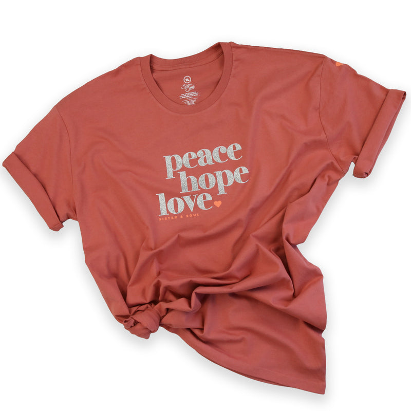Peace Hope Love - Dusted Coral Long Boxy PLUS Size Tee - Silver Glitter Print