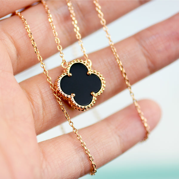 Lucky Clover Four Leaf Black Onyx Necklace In Rose Gold – 6Grape