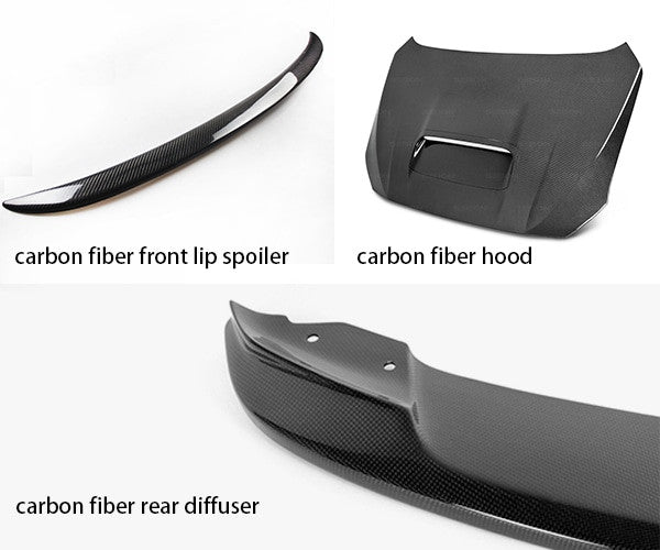carbon fiber front lip spoiler, carbon fiber hood and carbon fiber rear diffuser
