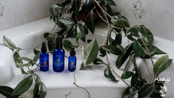 Blog header image of three blue Miiko bottles sitting on the edge of the bathtub, nestling in some green vines.