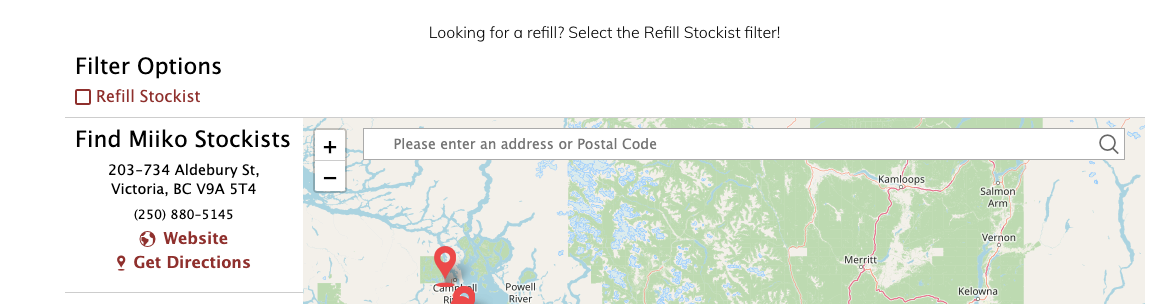 Screenshot of "Find a Stockist" page to show how to find refill stockists ONLY