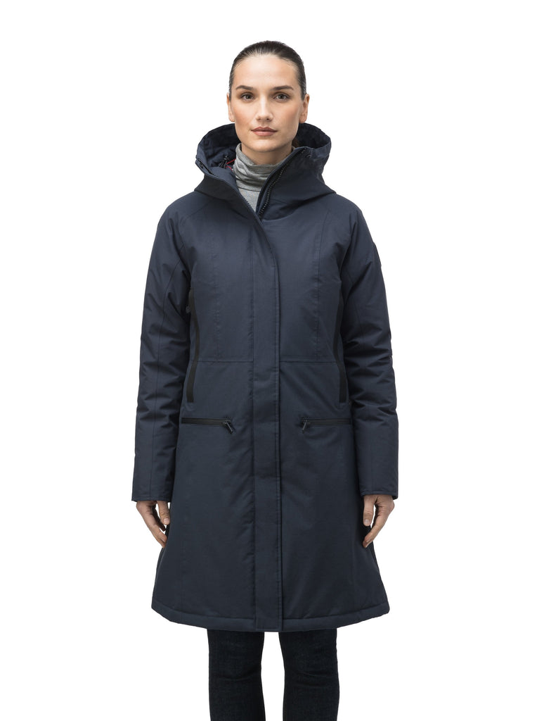 Knee length women's down filled parka with contrast ribbon accents and removable fur trim on the hood in Navy| color