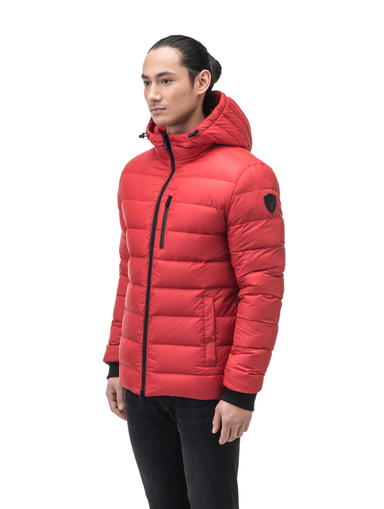 Chris Men's Mid Weight Reversible Puffer Jacket in hip length, Canadian duck down insulation, non-removable adjustable hood, ribbed cuffs, and quilted body on reversible side, in Vermillion| color