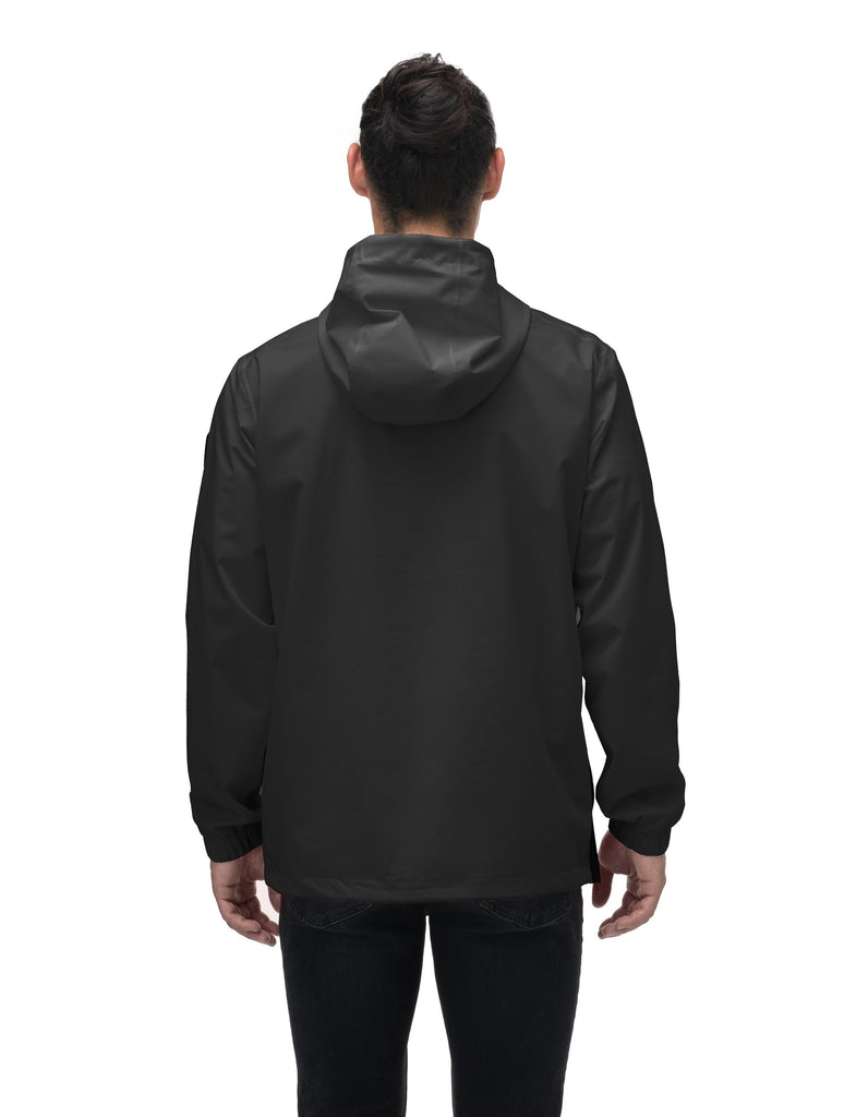 Men's hip length hooded pullover anorak with zipper at collar in Black| color