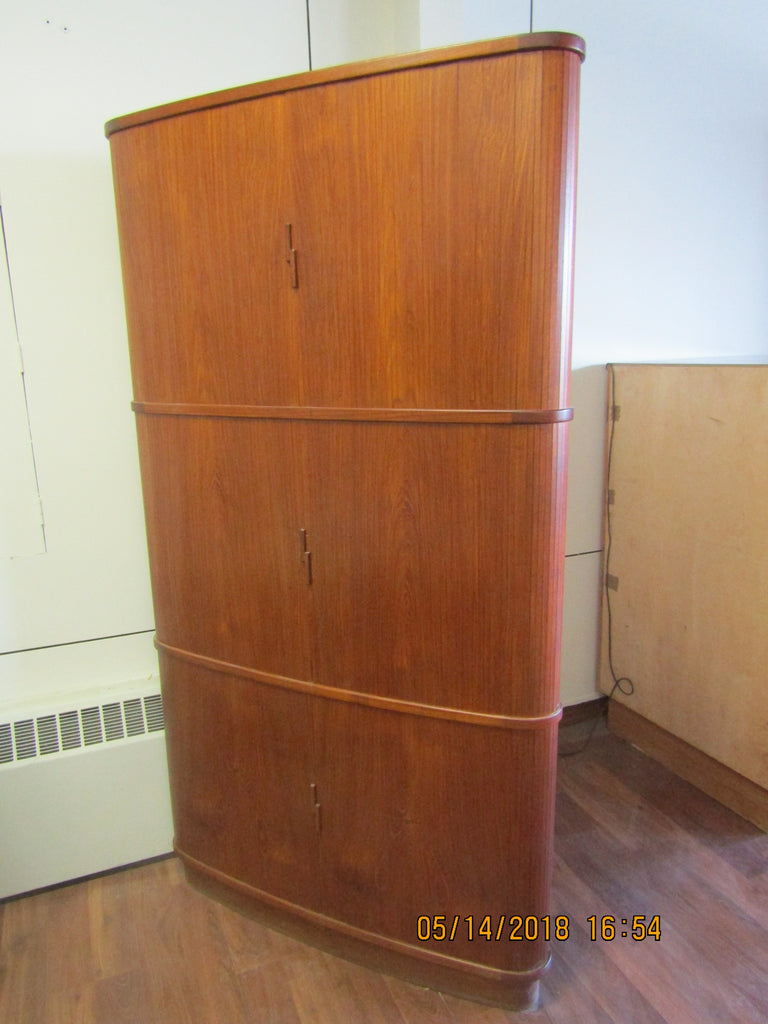 Teak Corner Cabinet Made In Denmark Featuring Tambour Doors And A