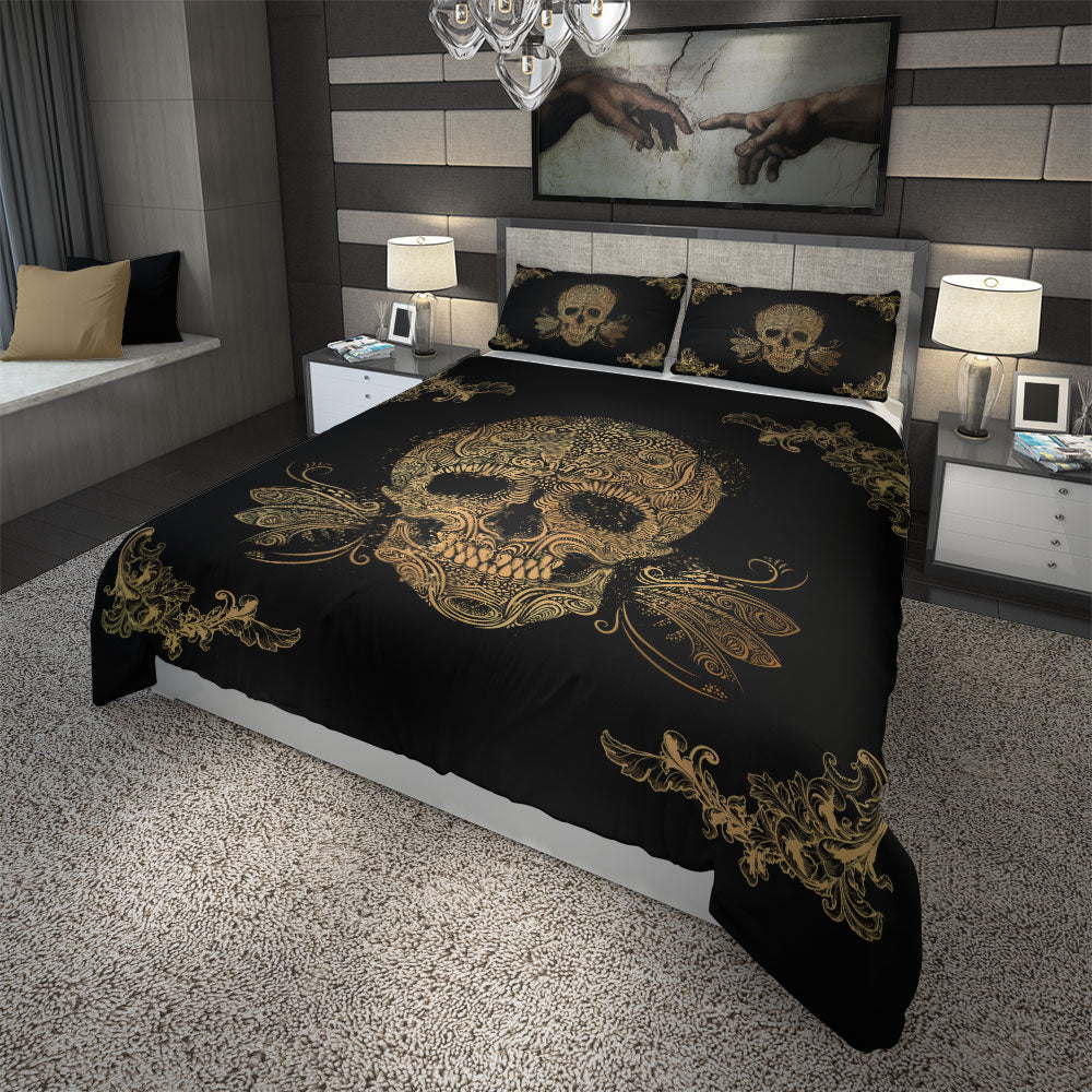 Skullistic Golden Sugar Skull Duvet Cover Set Zapps Clothing