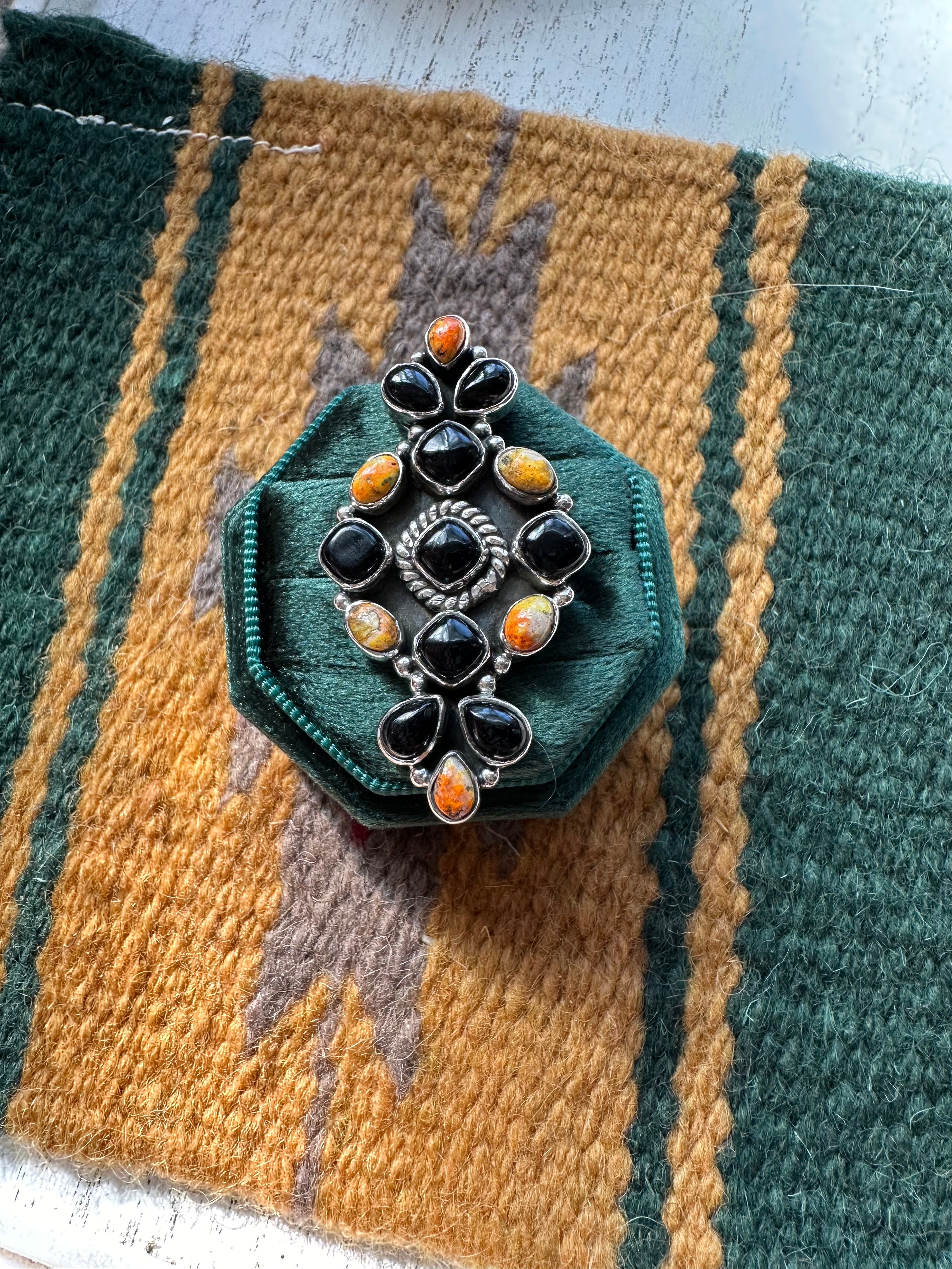 Beautiful Handmade Black Onyx, Bumble Bee & Sterling Silver Adjustable Ring Signed Nizhoni