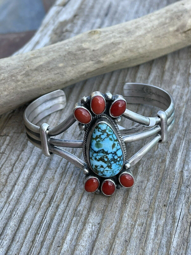 Artisan stone chip beads bracelet Turquoise Blue stabilized Red Coral  weaved strung silver metal toggle bracelet