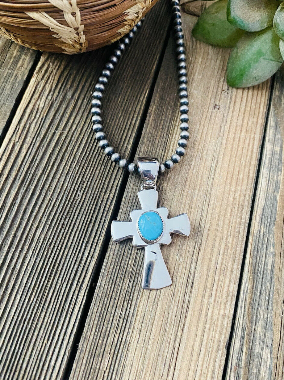 Sterling Silver Navajo Pearl & Turquoise Beaded Cross Necklace