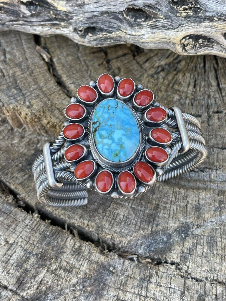 Western Style Vintage Navajo Pearl Red Blue Turquoise Beads Triple Layer Bangle Charms Bracelet for Women,Temu