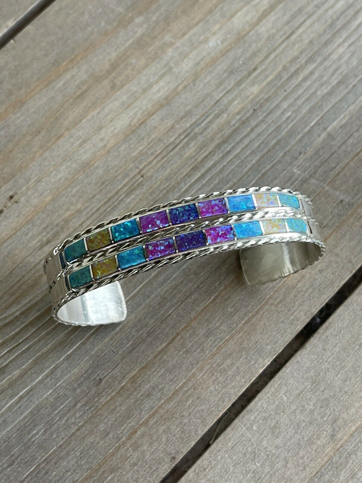 Navajo Sterling Silver Double Multi Opal Stacker Cuff Bracelet
