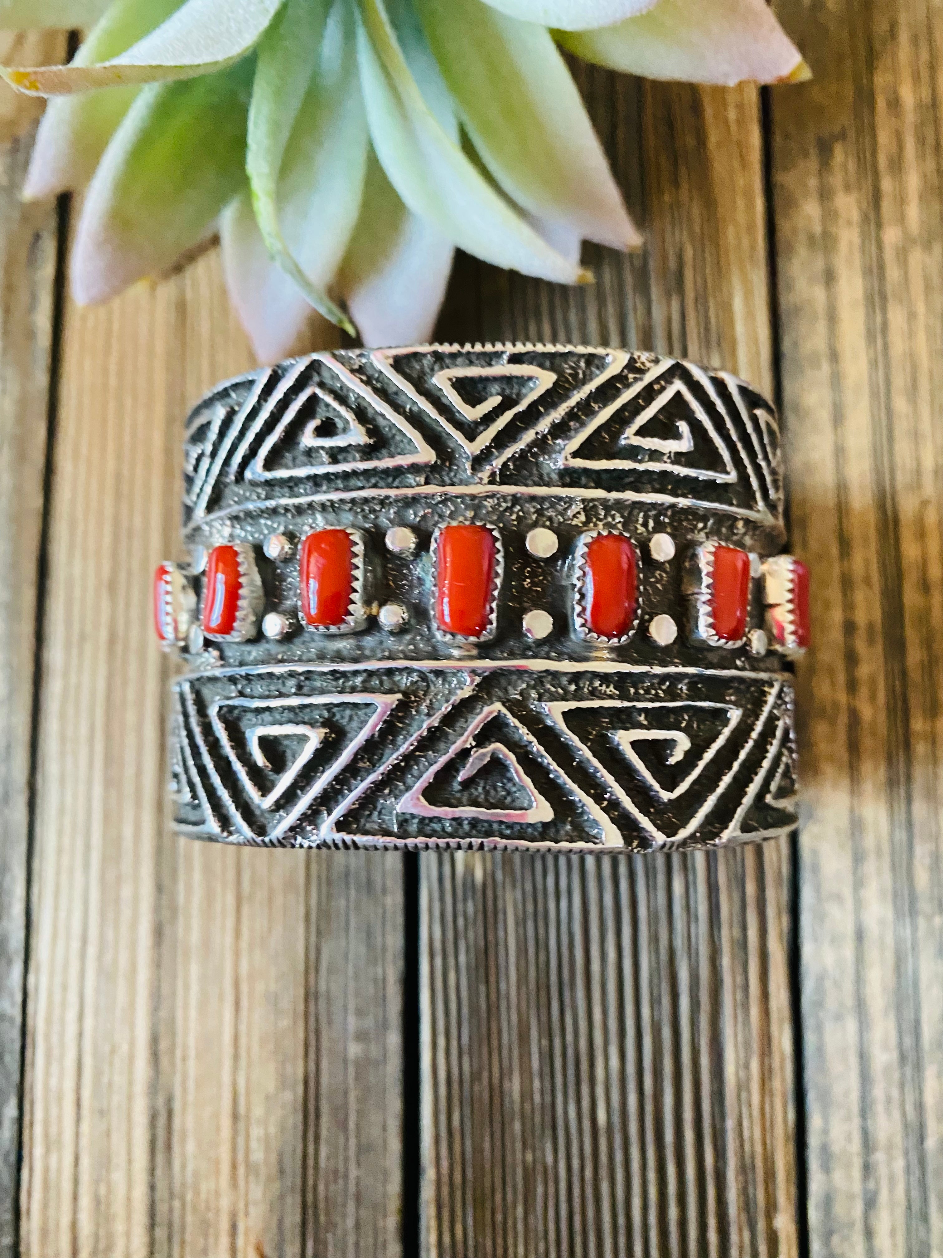 Navajo Coral & Sterling Silver Cuff Bracelet By Steve Arviso