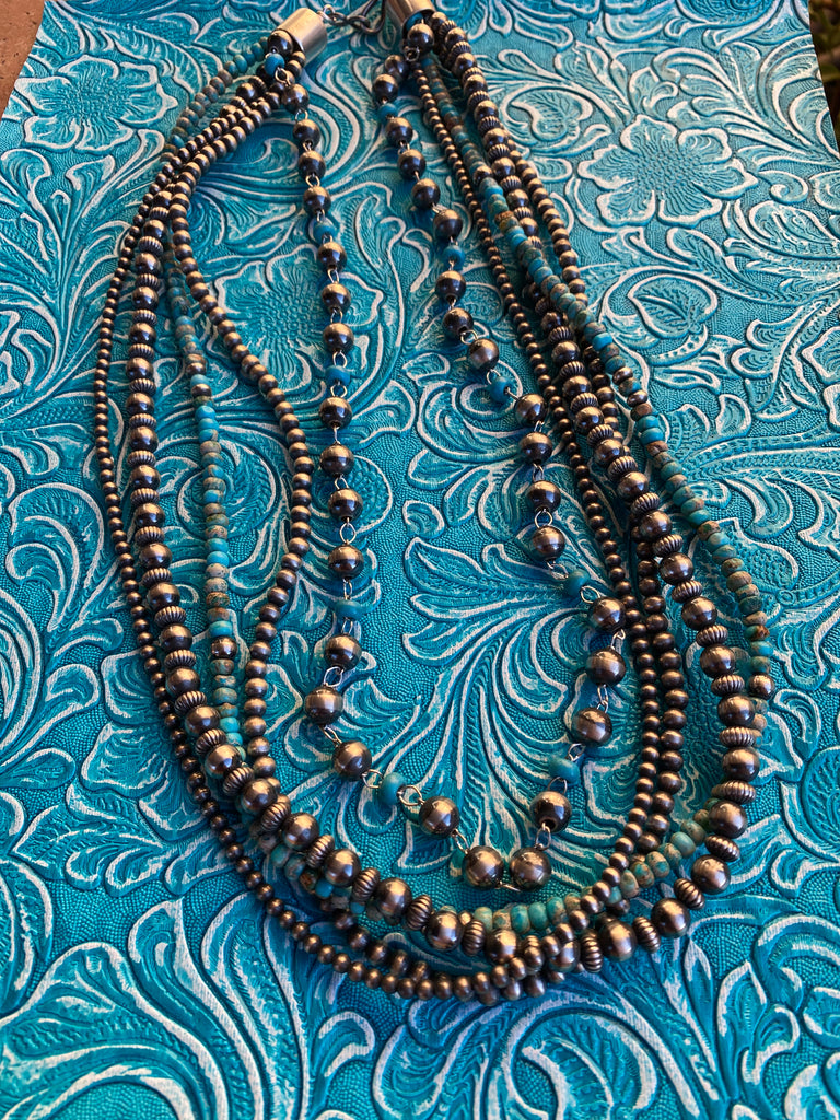 Item #1036M- Navajo 7ct Royston Turquoise Textured Silver Drop Sterling Silver Beaded Necklace by Em Teller