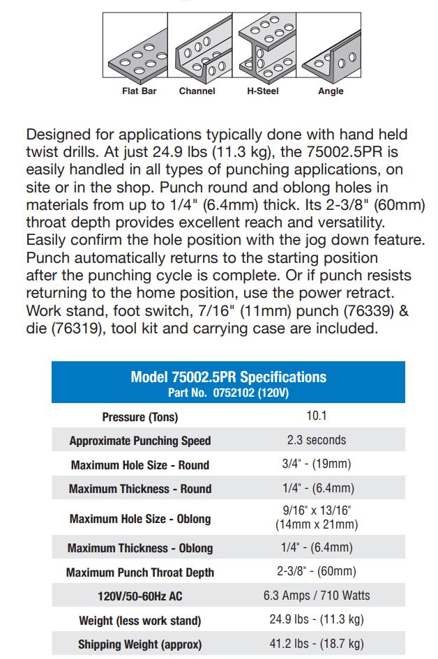 Hougen 75002.5PR Electro-Hydraulic Hole Puncher-120V