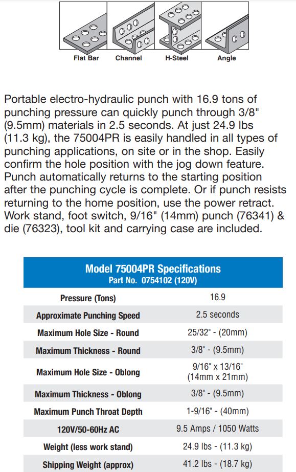 Hougen 75004PR Electro-Hydraulic Hole Puncher-120V