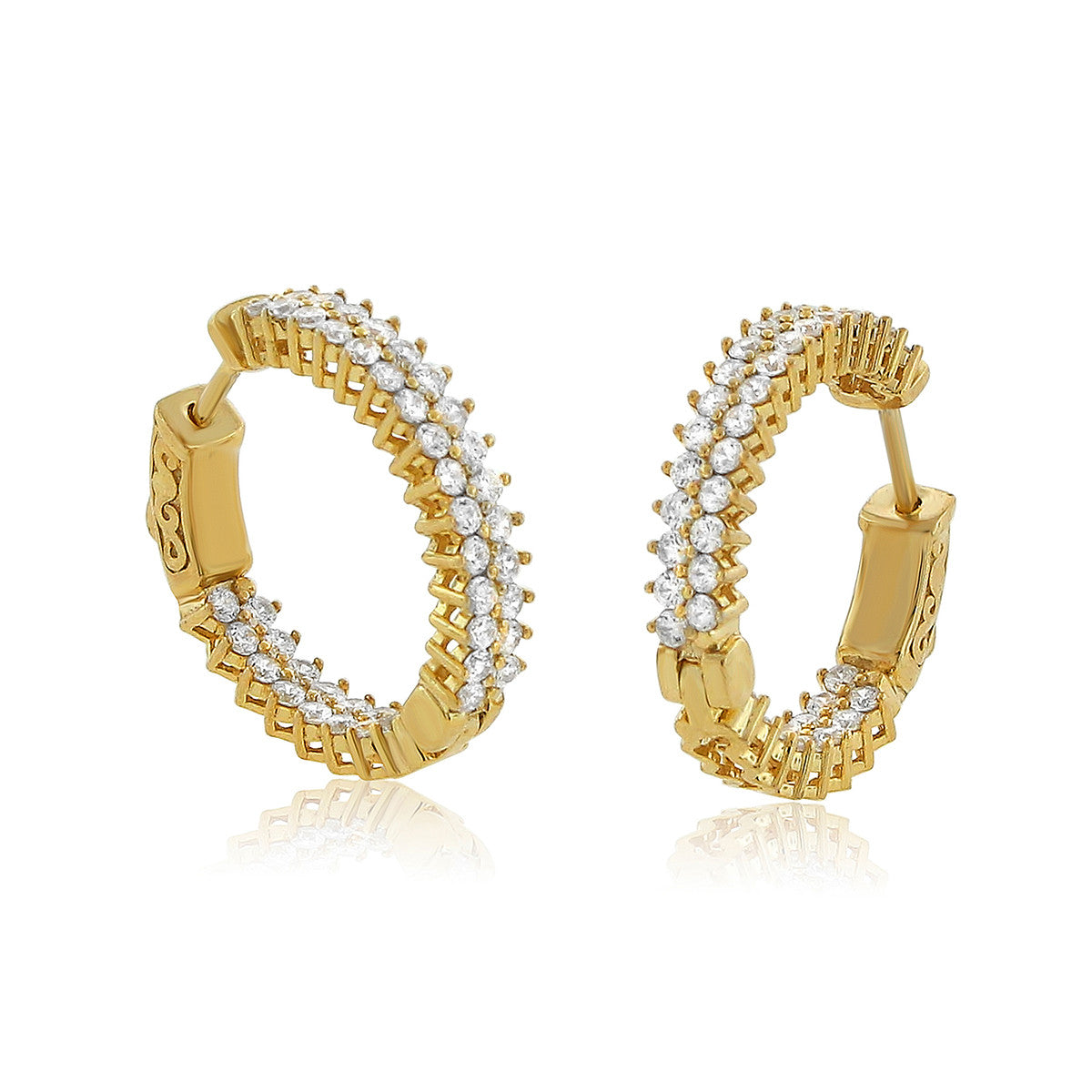 Large Gold Diamond Hoop Earrings w/Double Row Chandi Diamonds