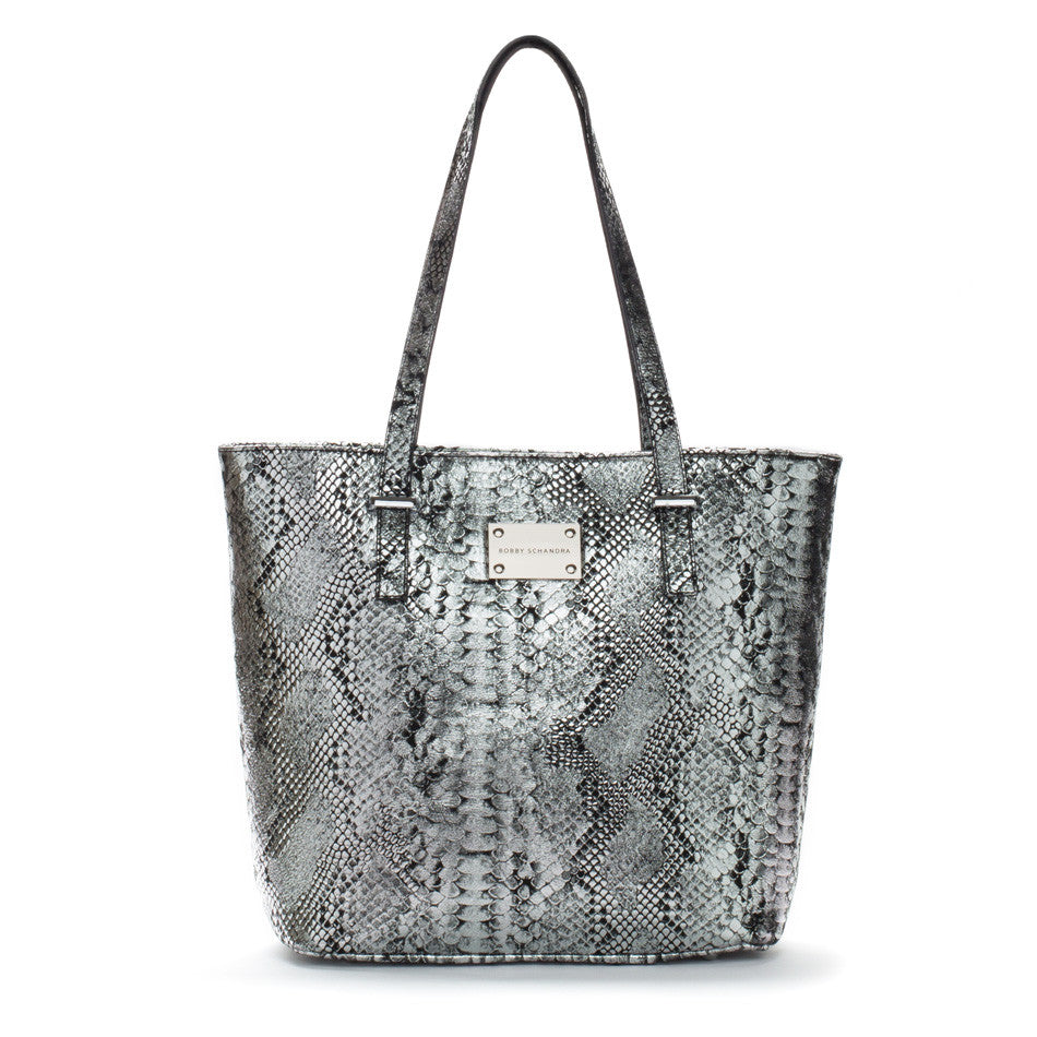 Designer Leather Tote Handbag: Silver & Black by Bobby Schandra
