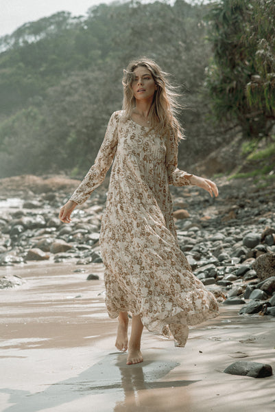 Long Sleeve Tiered Maxi Dress Beige Floral