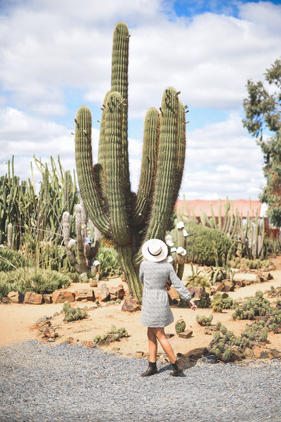 Verity, Head Designer of Dreamers & Drifters, in long sleeve babydoll dress Cheetah at Cactus Country