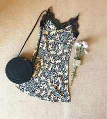 wildflower dress w rattan basket bag black