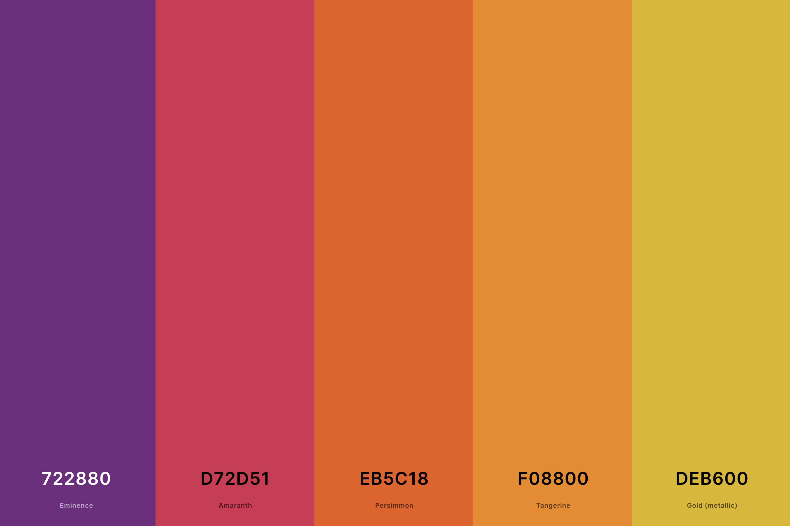 1. 70's Retro Color Palette Color Palette with Eminence (Hex #722880) + Amaranth (Hex #D72D51) + Persimmon (Hex #EB5C18) + Tangerine (Hex #F08800) + Gold (Metallic) (Hex #DEB600) Color Palette with Hex Codes