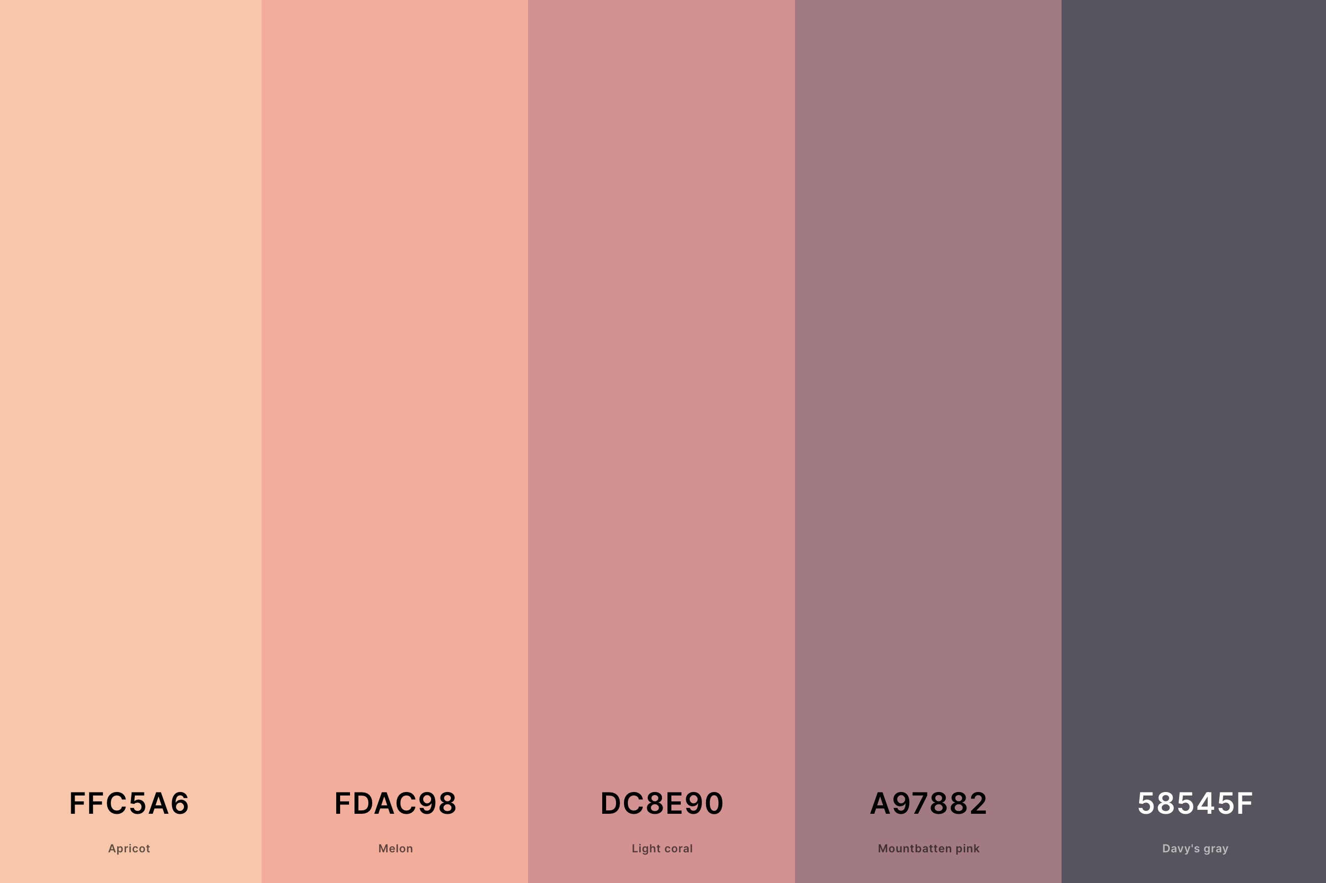 1. Aesthetic Color Palette Color Palette with Apricot (Hex #FFC5A6) + Melon (Hex #FDAC98) + Light Coral (Hex #DC8E90) + Mountbatten Pink (Hex #A97882) + Davy'S Gray (Hex #58545F) Color Palette with Hex Codes
