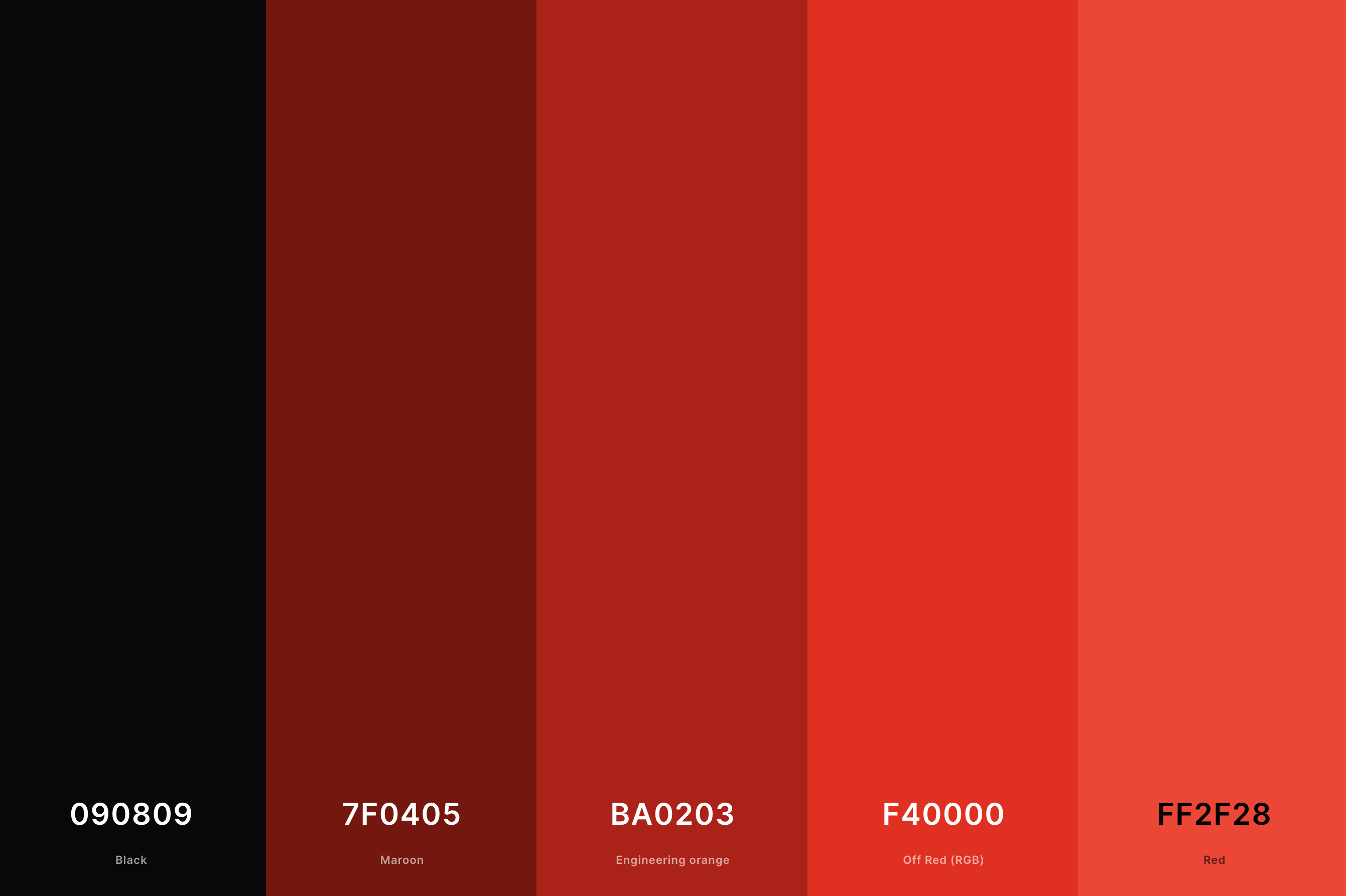 1. Black And Red Color Palette Color Palette with Black (Hex #090809) + Maroon (Hex #7F0405) + Engineering Orange (Hex #BA0203) + Off Red (Rgb) (Hex #F40000) + Red (Hex #FF2F28) Color Palette with Hex Codes
