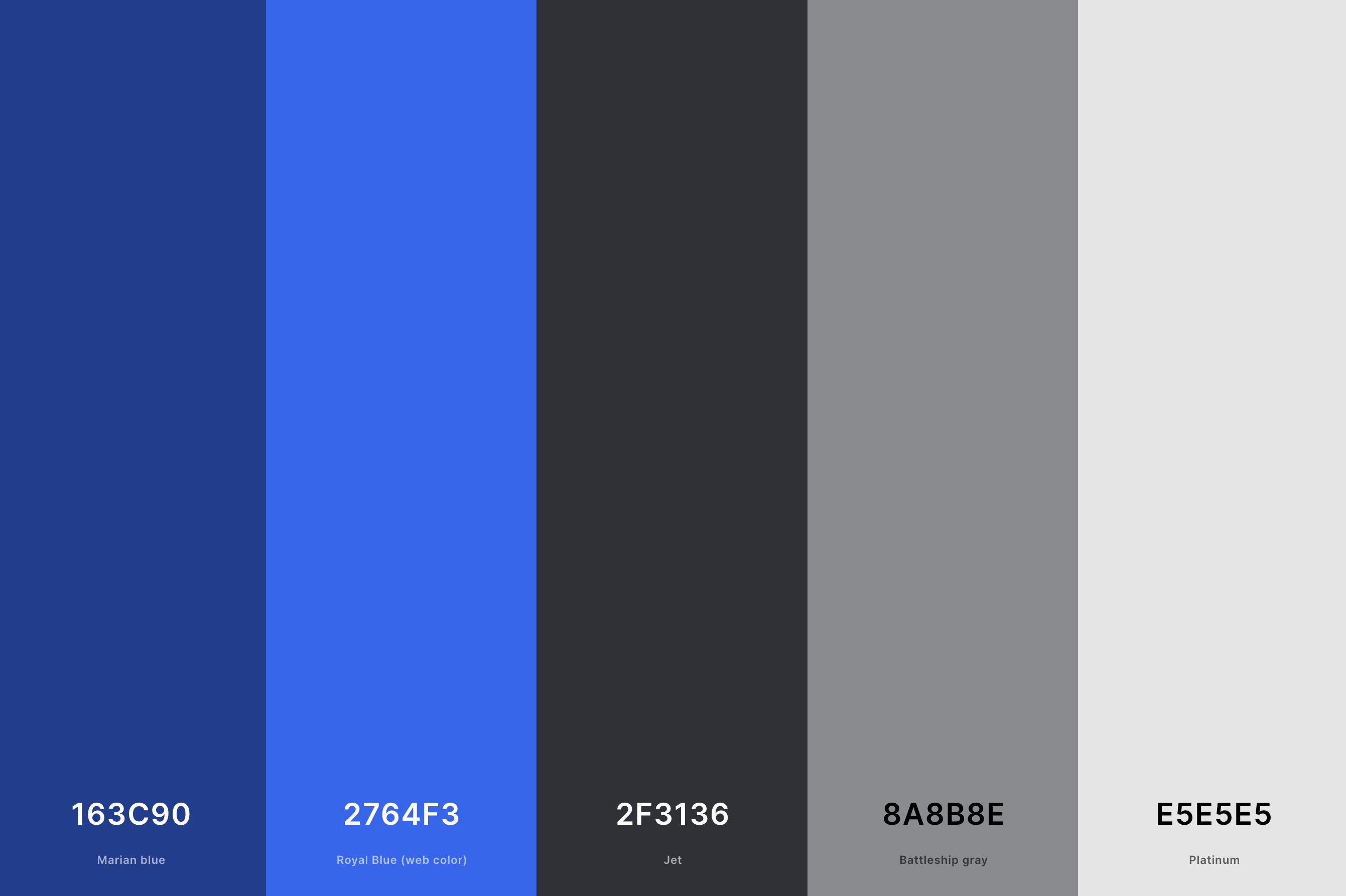 1. Blue And Gray Color Palette Color Palette with Marian Blue (Hex #163C90) + Royal Blue (Web Color) (Hex #2764F3) + Jet (Hex #2F3136) + Battleship Gray (Hex #8A8B8E) + Platinum (Hex #E5E5E5) Color Palette with Hex Codes