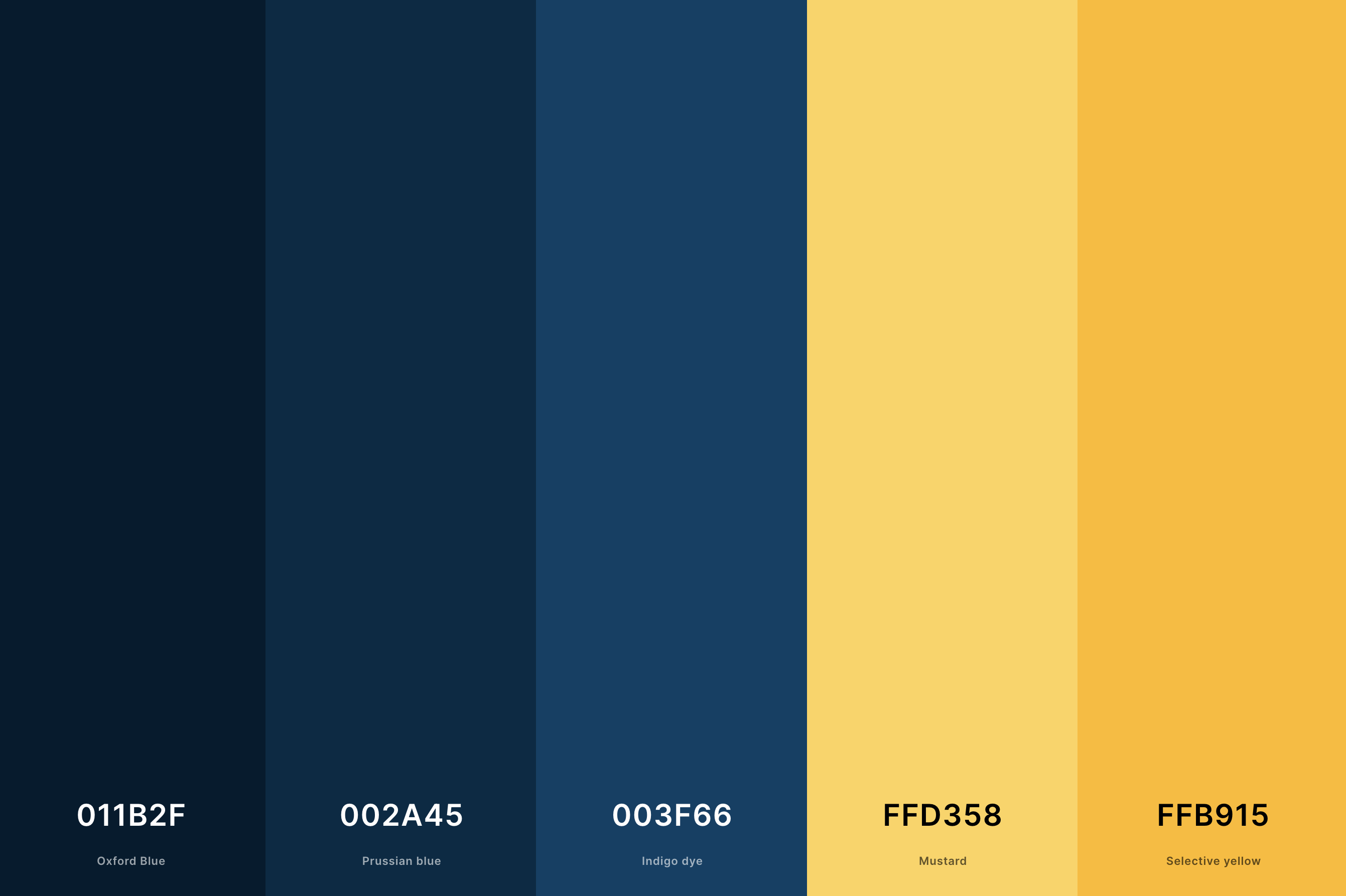 1. Blue And Yellow Color Palette Color Palette with Oxford Blue (Hex #011B2F) + Prussian Blue (Hex #002A45) + Indigo Dye (Hex #003F66) + Mustard (Hex #FFD358) + Selective Yellow (Hex #FFB915) Color Palette with Hex Codes