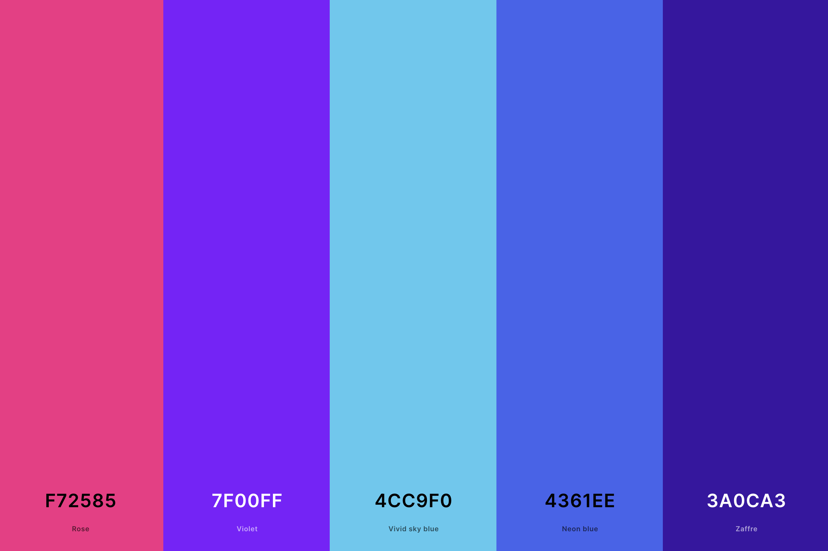 1. Blue Violet Color Palette Color Palette with Rose (Hex #F72585) + Violet (Hex #7F00FF) + Vivid Sky Blue (Hex #4CC9F0) + Neon Blue (Hex #4361EE) + Zaffre (Hex #3A0CA3) Color Palette with Hex Codes