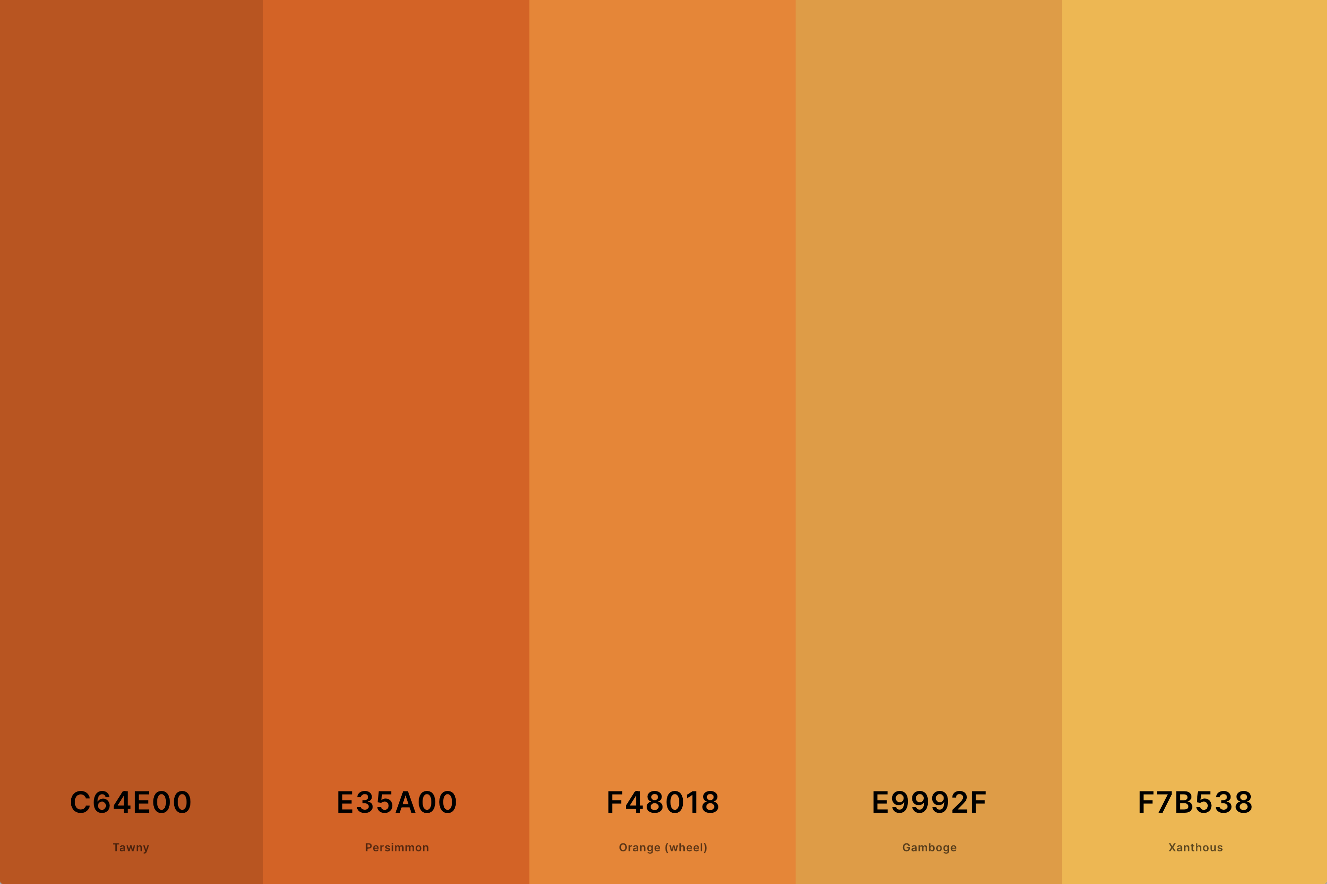 1. Burnt Orange Color Palette Color Palette with Tawny (Hex #C64E00) + Persimmon (Hex #E35A00) + Orange (Wheel) (Hex #F48018) + Gamboge (Hex #E9992F) + Xanthous (Hex #F7B538) Color Palette with Hex Codes