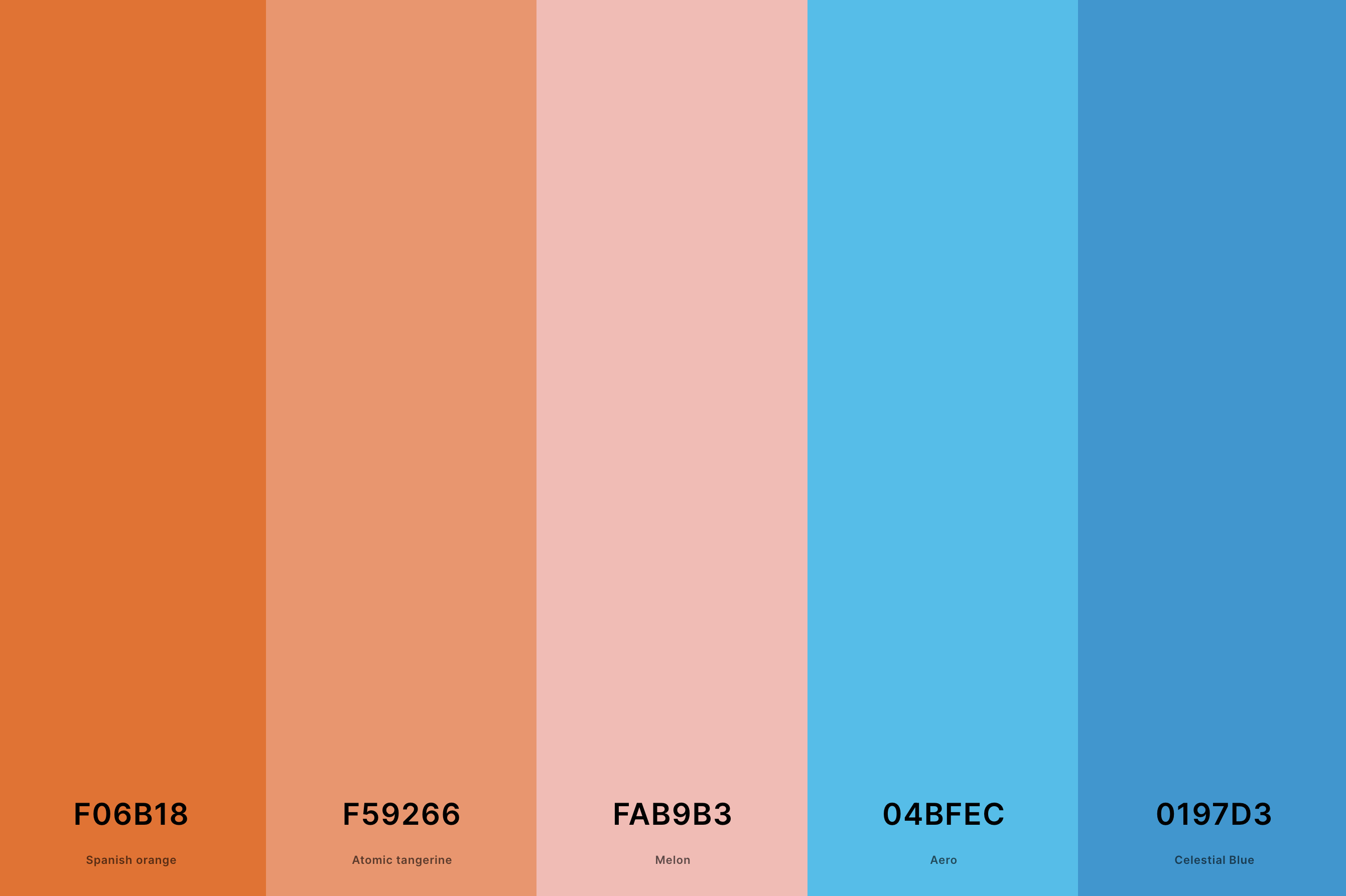 1. Coral Reef Color Palette Color Palette with Spanish Orange (Hex #F06B18) + Atomic Tangerine (Hex #F59266) + Melon (Hex #FAB9B3) + Aero (Hex #04BFEC) + Celestial Blue (Hex #0197D3) Color Palette with Hex Codes