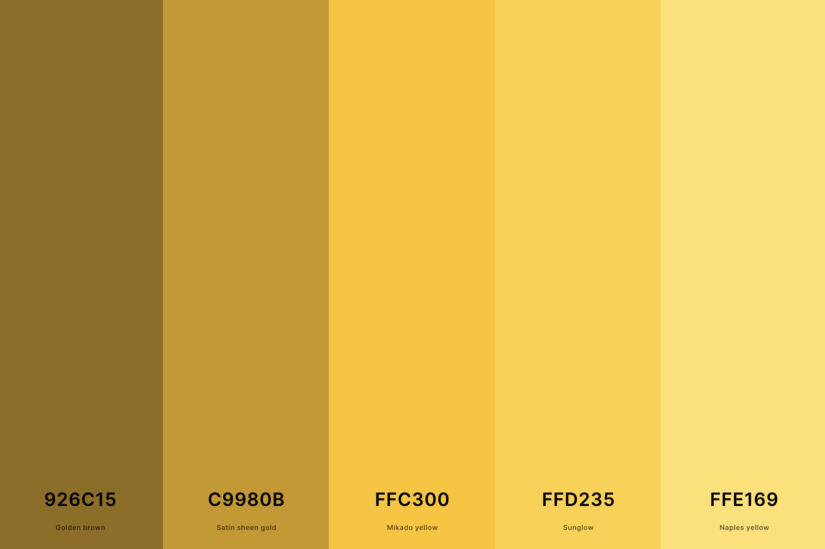 1. Gold Color Palette Color Palette with Golden Brown (Hex #926C15) + Satin Sheen Gold (Hex #C9980B) + Mikado Yellow (Hex #FFC300) + Sunglow (Hex #FFD235) + Naples Yellow (Hex #FFE169) Color Palette with Hex Codes