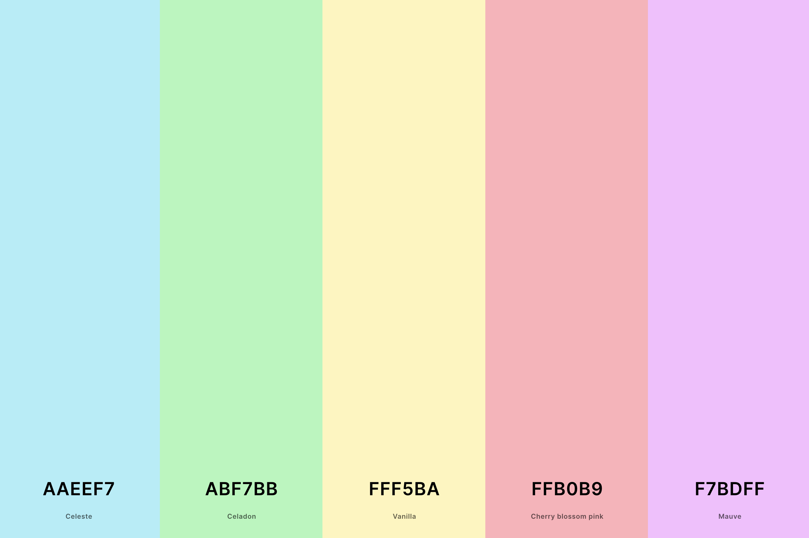 1. Ice Cream Color Palette Color Palette with Celeste (Hex #AAEEF7) + Celadon (Hex #ABF7BB) + Vanilla (Hex #FFF5BA) + Cherry Blossom Pink (Hex #FFB0B9) + Mauve (Hex #F7BDFF) Color Palette with Hex Codes