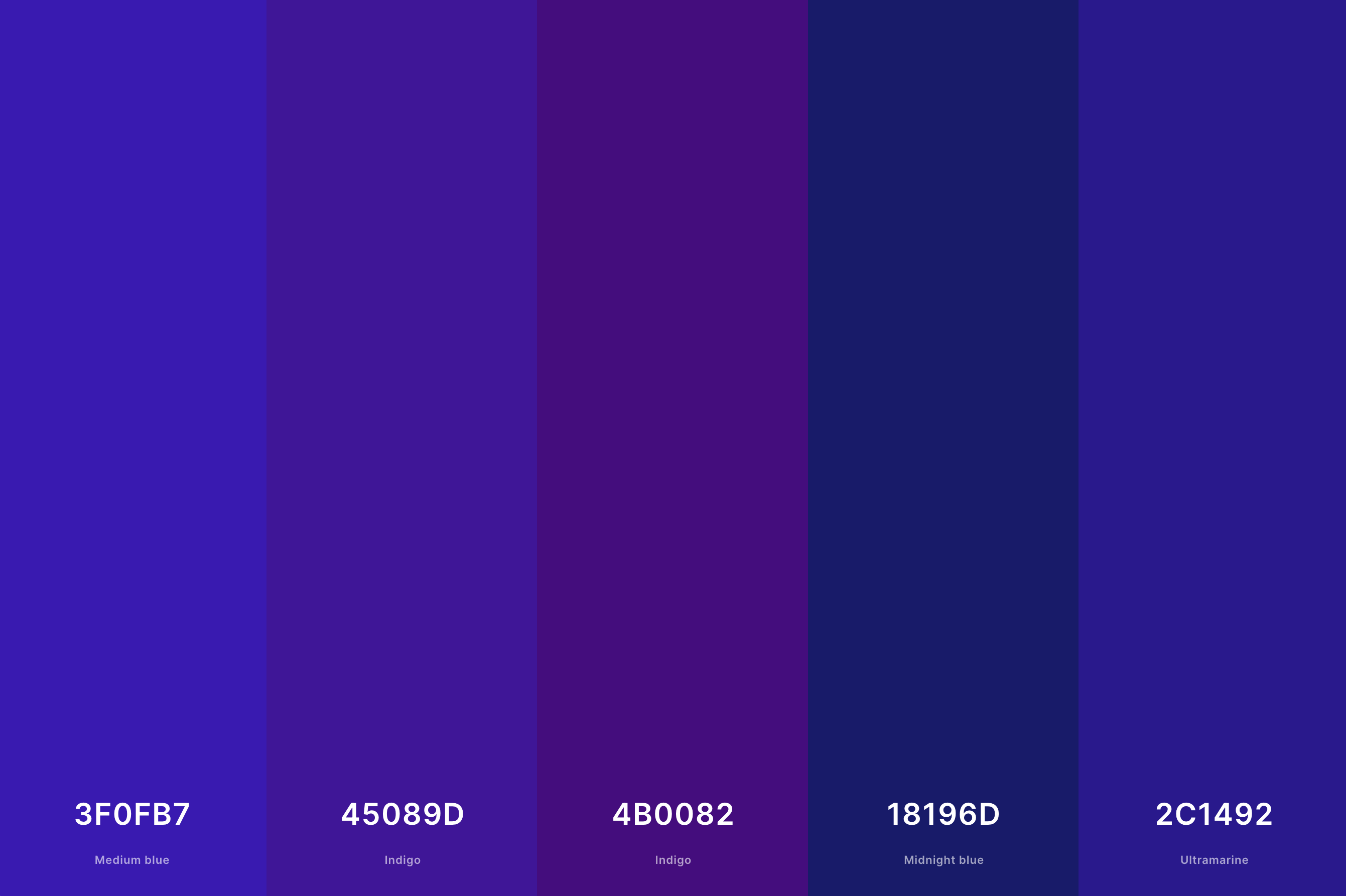1. Indigo Blue Color Palette Color Palette with Medium Blue (Hex #3F0FB7) + Indigo (Hex #45089D) + Indigo (Hex #4B0082) + Midnight Blue (Hex #18196D) + Ultramarine (Hex #2C1492) Color Palette with Hex Codes