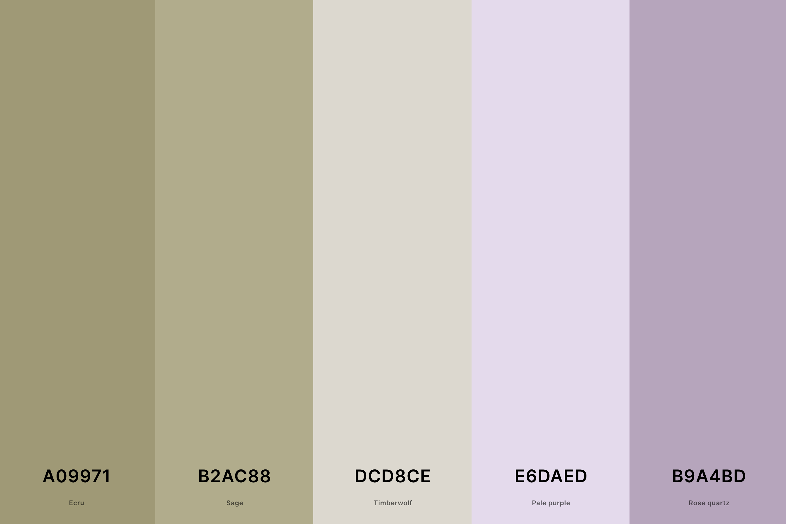 1. Lavender And Sage Color Palette Color Palette with Ecru (Hex #A09971) + Sage (Hex #B2AC88) + Timberwolf (Hex #DCD8CE) + Pale Purple (Hex #E6DAED) + Rose Quartz (Hex #B9A4BD) Color Palette with Hex Codes