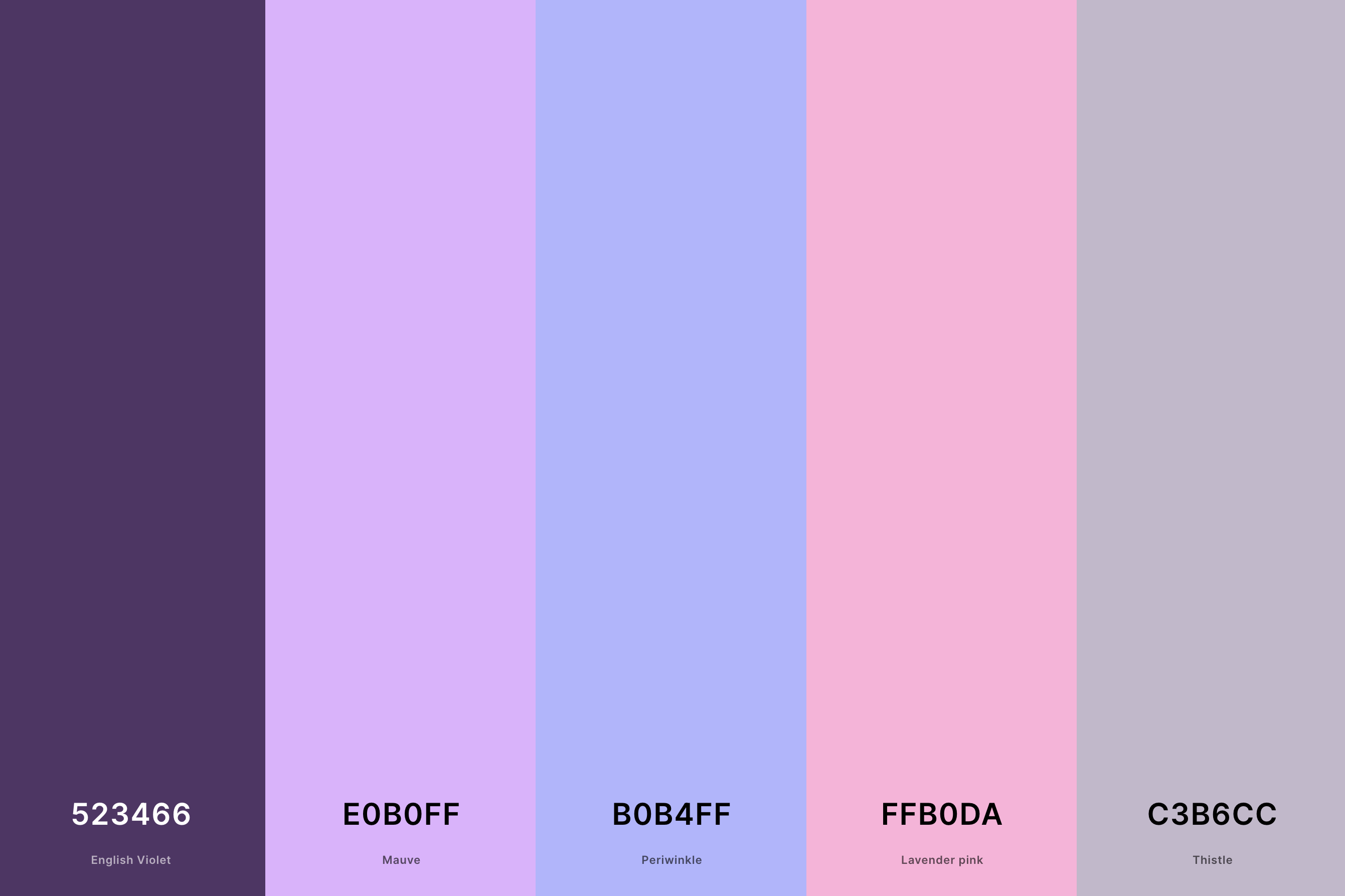 1. Mauve Wedding Color Palette Color Palette with English Violet (Hex #523466) + Mauve (Hex #E0B0FF) + Periwinkle (Hex #B0B4FF) + Lavender Pink (Hex #FFB0DA) + Thistle (Hex #C3B6CC) Color Palette with Hex Codes