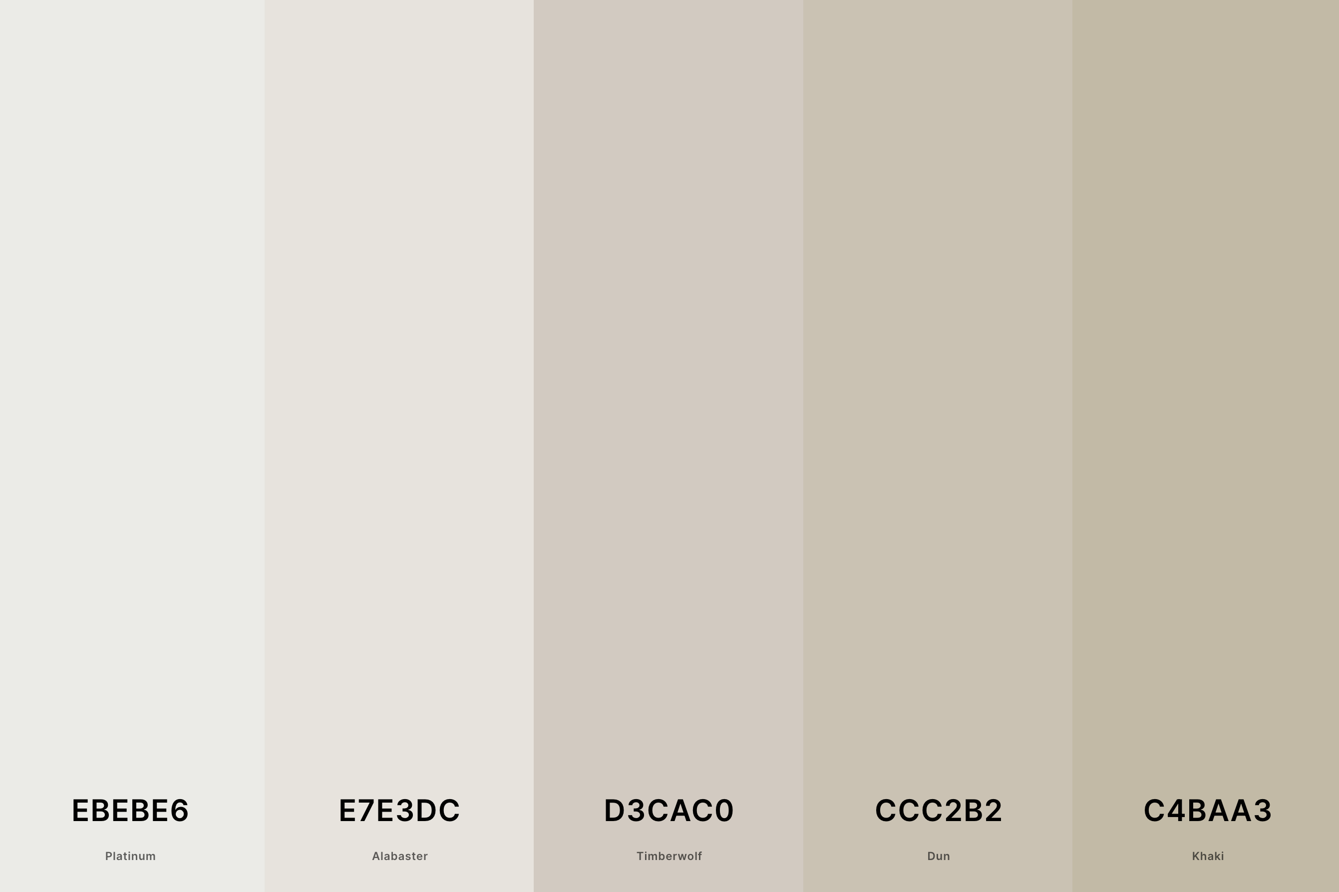 1. Neutral Beige Color Palette Color Palette with Platinum (Hex #EBEBE6) + Alabaster (Hex #E7E3DC) + Timberwolf (Hex #D3CAC0) + Dun (Hex #CCC2B2) + Khaki (Hex #C4BAA3) Color Palette with Hex Codes