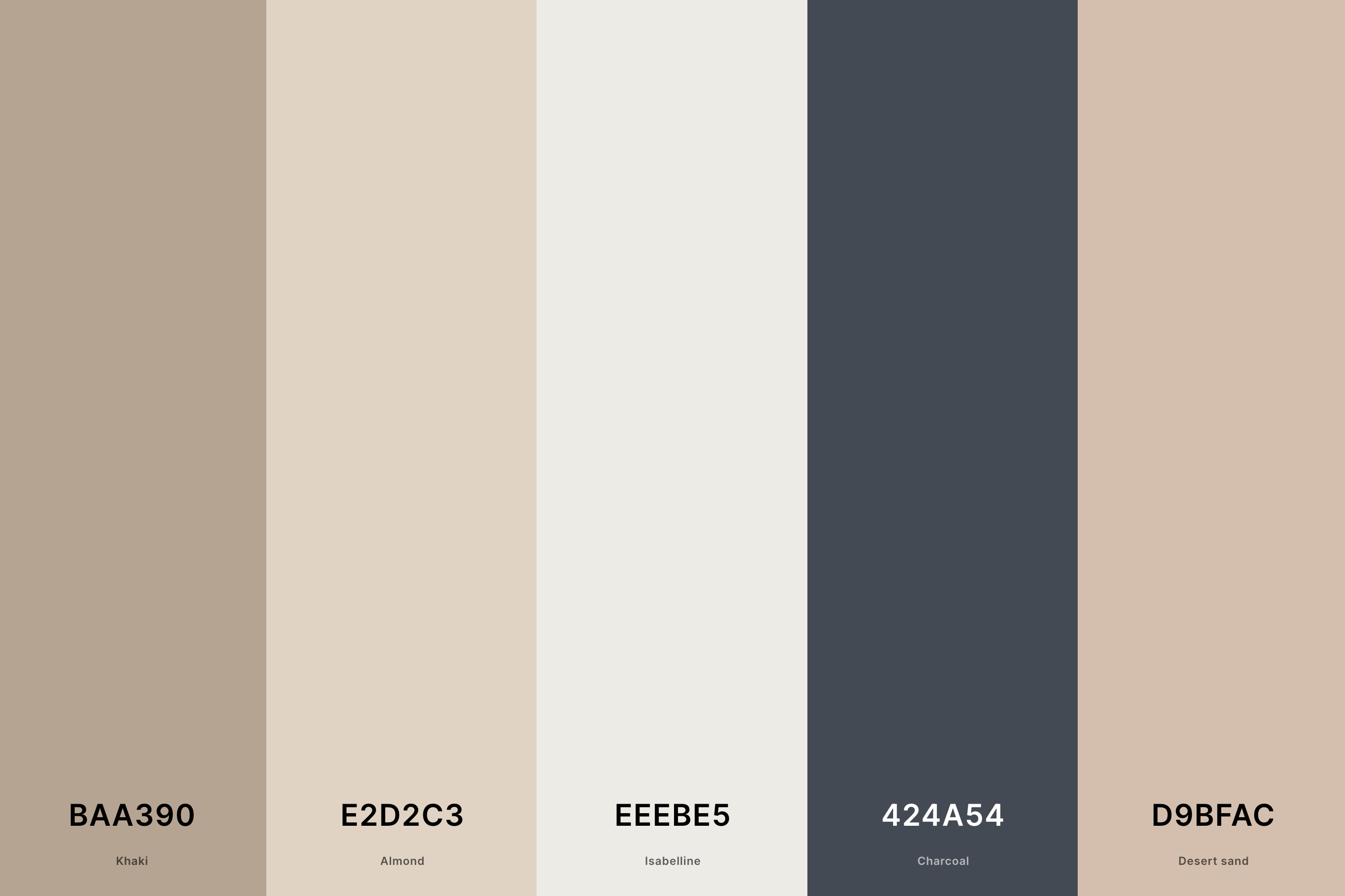 1. Neutral Color Palette Color Palette with Khaki (Hex #BAA390) + Almond (Hex #E2D2C3) + Isabelline (Hex #EEEBE5) + Charcoal (Hex #424A54) + Desert Sand (Hex #D9BFAC) Color Palette with Hex Codes