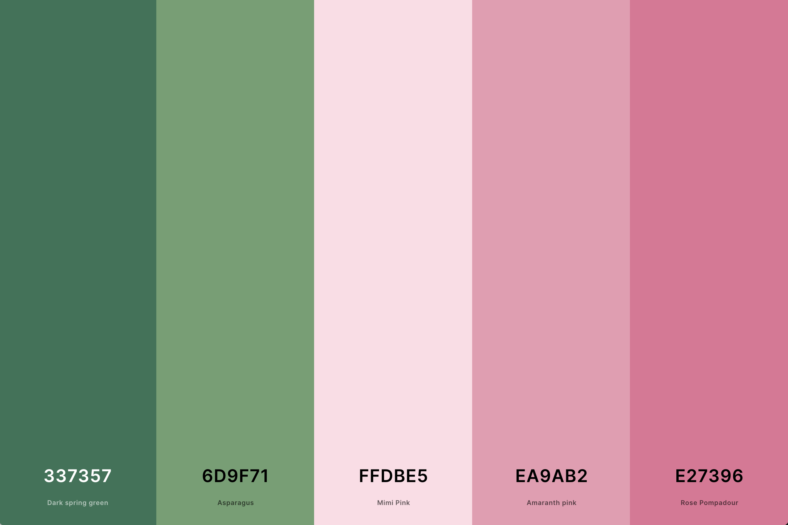 1. Pink And Green Color Palette Color Palette with Dark Spring Green (Hex #337357) + Asparagus (Hex #6D9F71) + Mimi Pink (Hex #FFDBE5) + Amaranth Pink (Hex #EA9AB2) + Rose Pompadour (Hex #E27396) Color Palette with Hex Codes