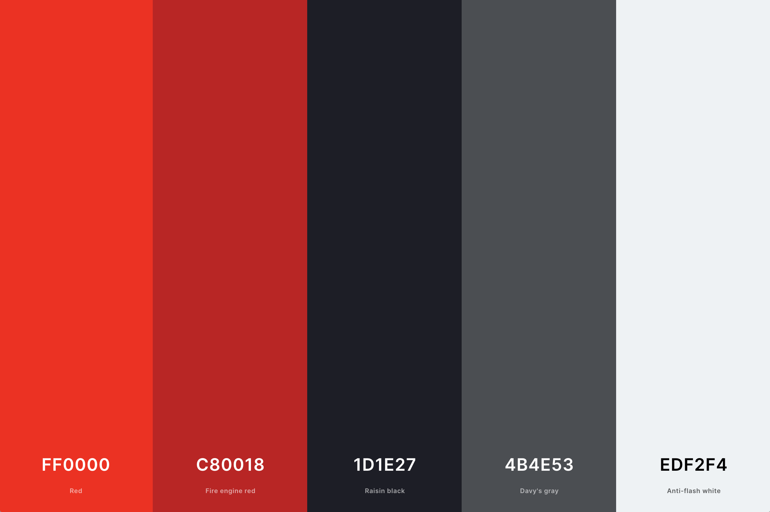 1. Red And Black Color Palette Color Palette with Red (Hex #FF0000) + Fire Engine Red (Hex #C80018) + Raisin Black (Hex #1D1E27) + Davy'S Gray (Hex #4B4E53) + Anti-Flash White (Hex #EDF2F4) Color Palette with Hex Codes