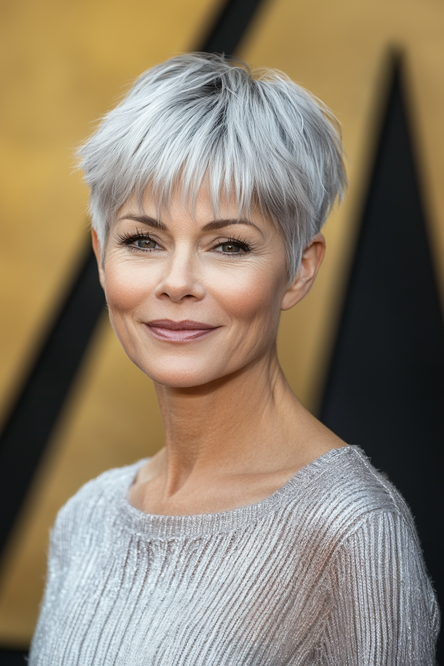 1. Silver Feathered Pixie with Soft Bangs (Hairstyles For Women Over 60 With Bangs) - Hairstyles For Women Over 60 With Bangs