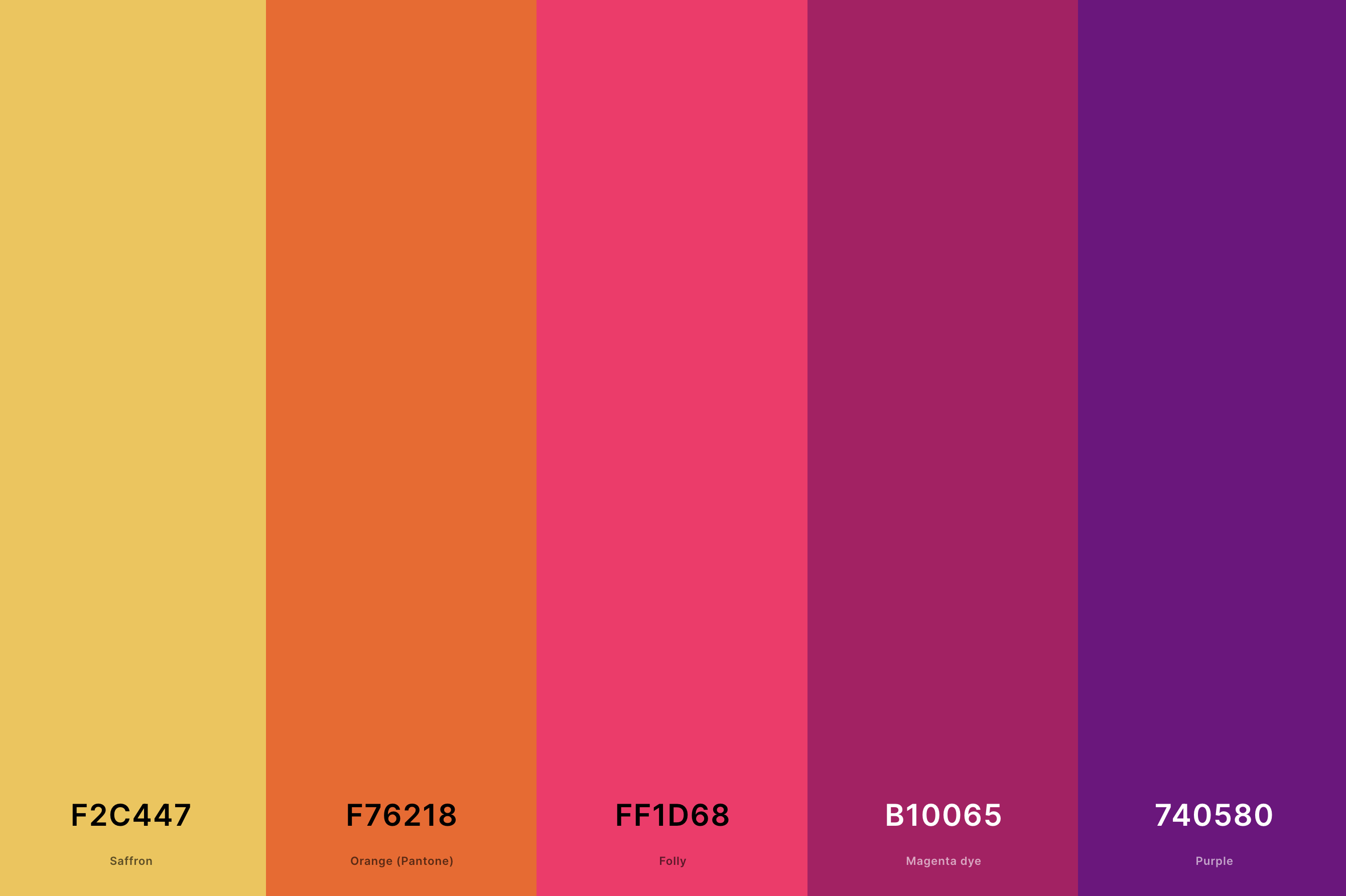 1. Sunset Color Palette Color Palette with Saffron (Hex #F2C447) + Orange (Pantone) (Hex #F76218) + Folly (Hex #FF1D68) + Magenta Dye (Hex #B10065) + Purple (Hex #740580) Color Palette with Hex Codes
