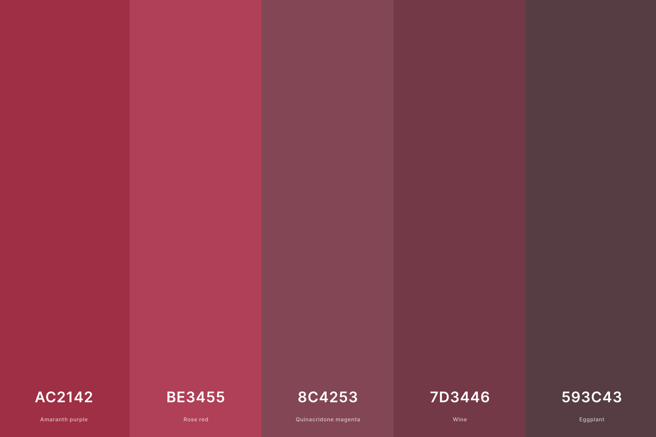 1. Viva Magenta Color Palette Color Palette with Amaranth Purple (Hex #AC2142) + Rose Red (Hex #BE3455) + Quinacridone Magenta (Hex #8C4253) + Wine (Hex #7D3446) + Eggplant (Hex #593C43) Color Palette with Hex Codes