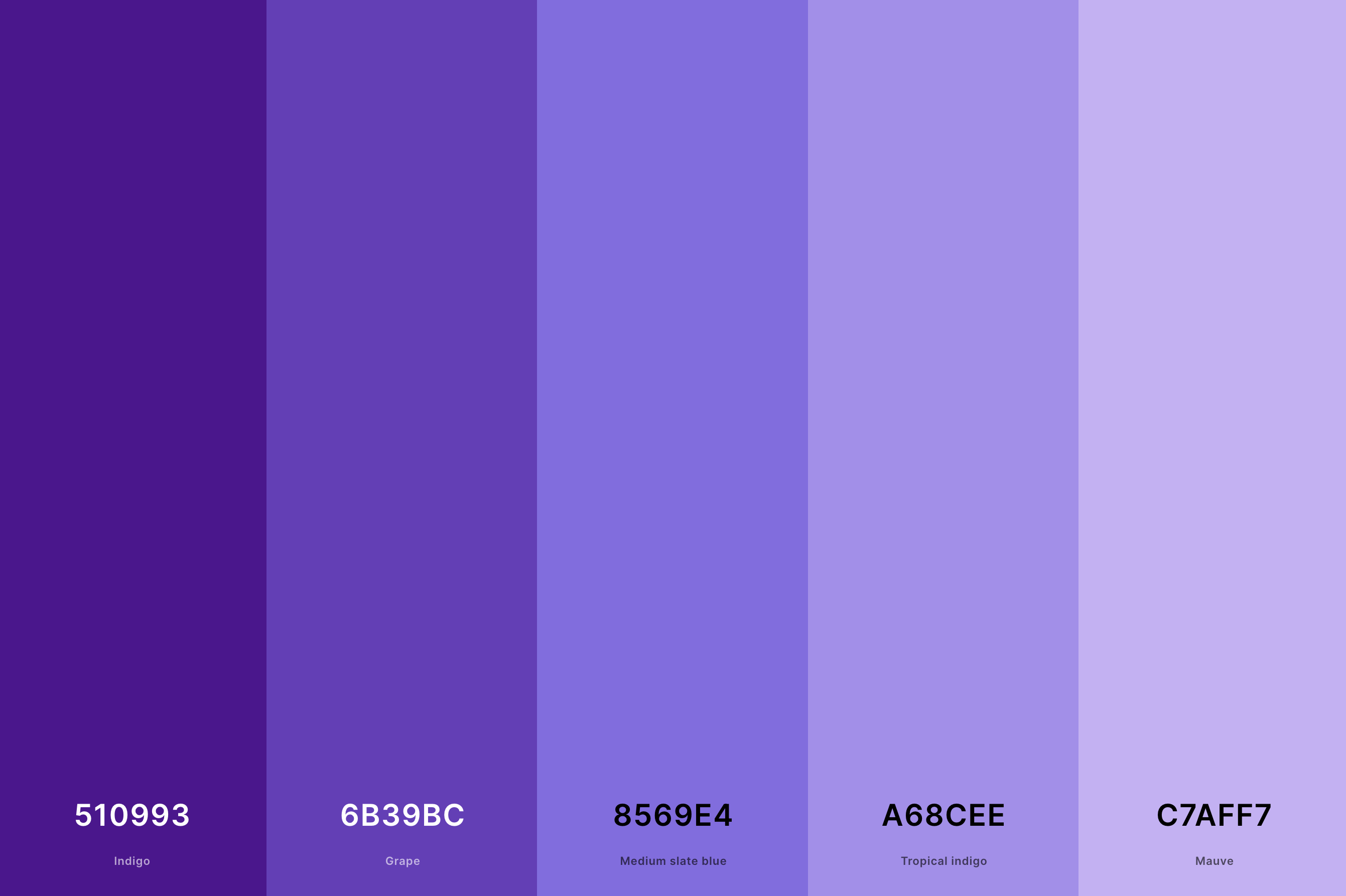 10. Aesthetic Purple Color Palette Color Palette with Indigo (Hex #510993) + Grape (Hex #6B39BC) + Medium Slate Blue (Hex #8569E4) + Tropical Indigo (Hex #A68CEE) + Mauve (Hex #C7AFF7) Color Palette with Hex Codes