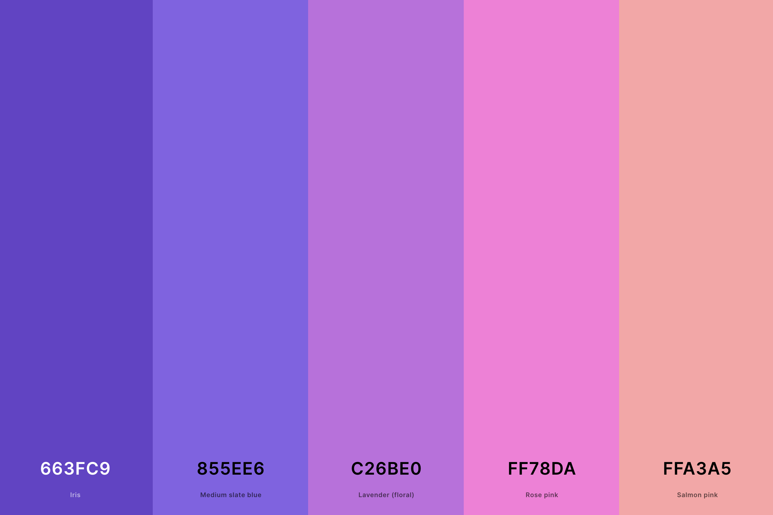 10. Aesthetic Sunset Color Palette Color Palette with Iris (Hex #663FC9) + Medium Slate Blue (Hex #855EE6) + Lavender (Floral) (Hex #C26BE0) + Rose Pink (Hex #FF78DA) + Salmon Pink (Hex #FFA3A5) Color Palette with Hex Codes
