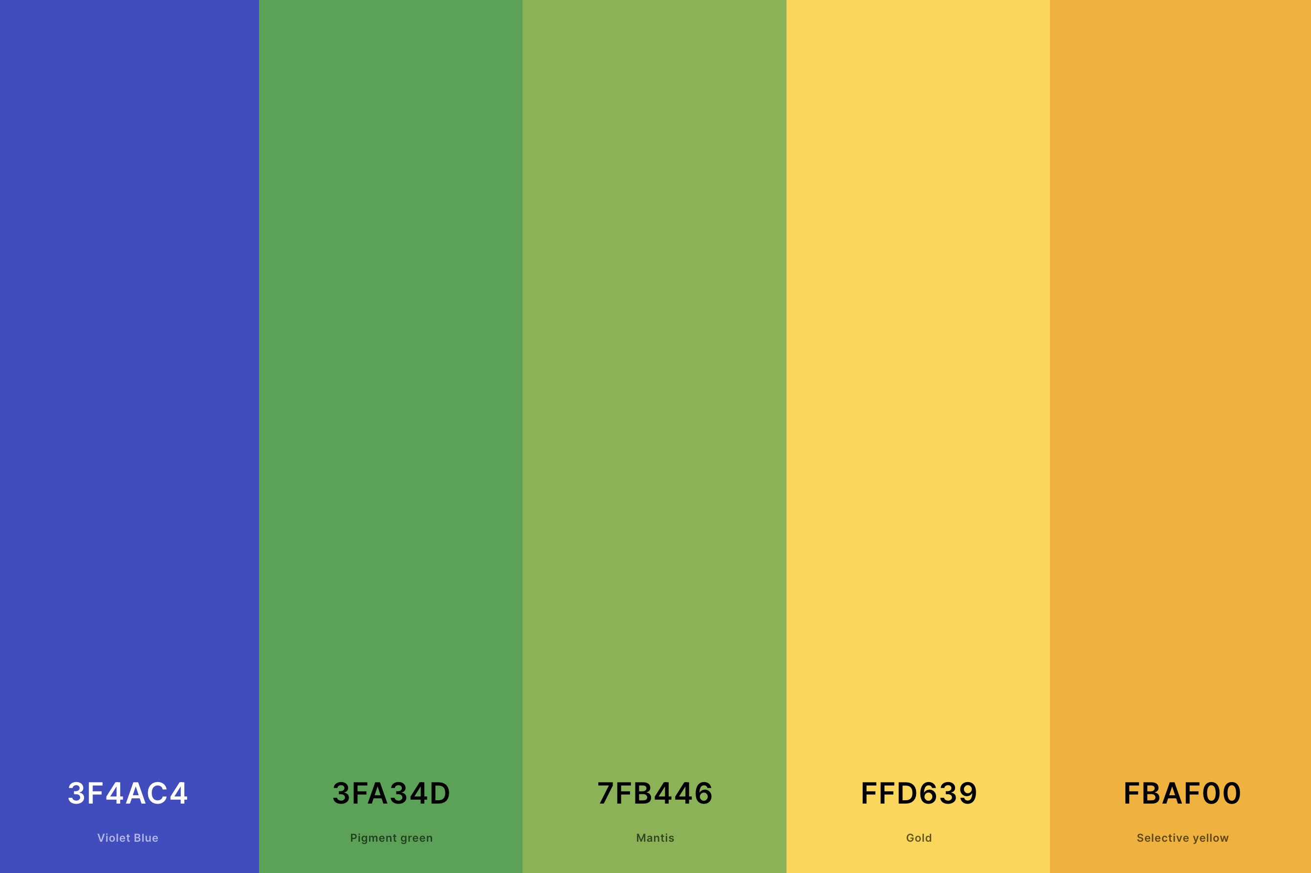 10. Blue, Green And Yellow Color Palette Color Palette with Violet Blue (Hex #3F4AC4) + Pigment Green (Hex #3FA34D) + Mantis (Hex #7FB446) + Gold (Hex #FFD639) + Selective Yellow (Hex #FBAF00) Color Palette with Hex Codes