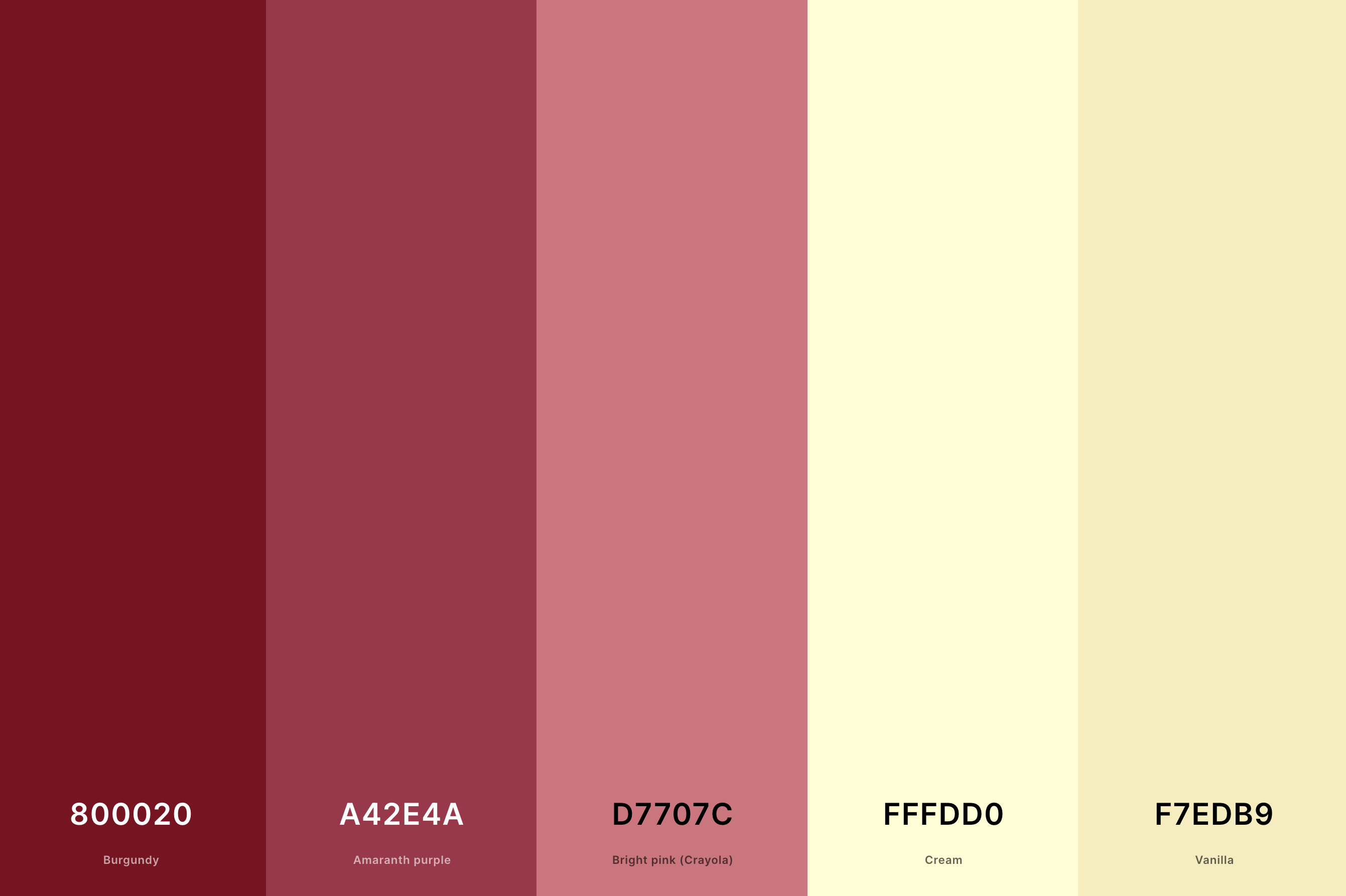 10. Burgundy And Cream Color Palette Color Palette with Burgundy (Hex #800020) + Amaranth Purple (Hex #A42E4A) + Bright Pink (Crayola) (Hex #D7707C) + Cream (Hex #FFFDD0) + Vanilla (Hex #F7EDB9) Color Palette with Hex Codes