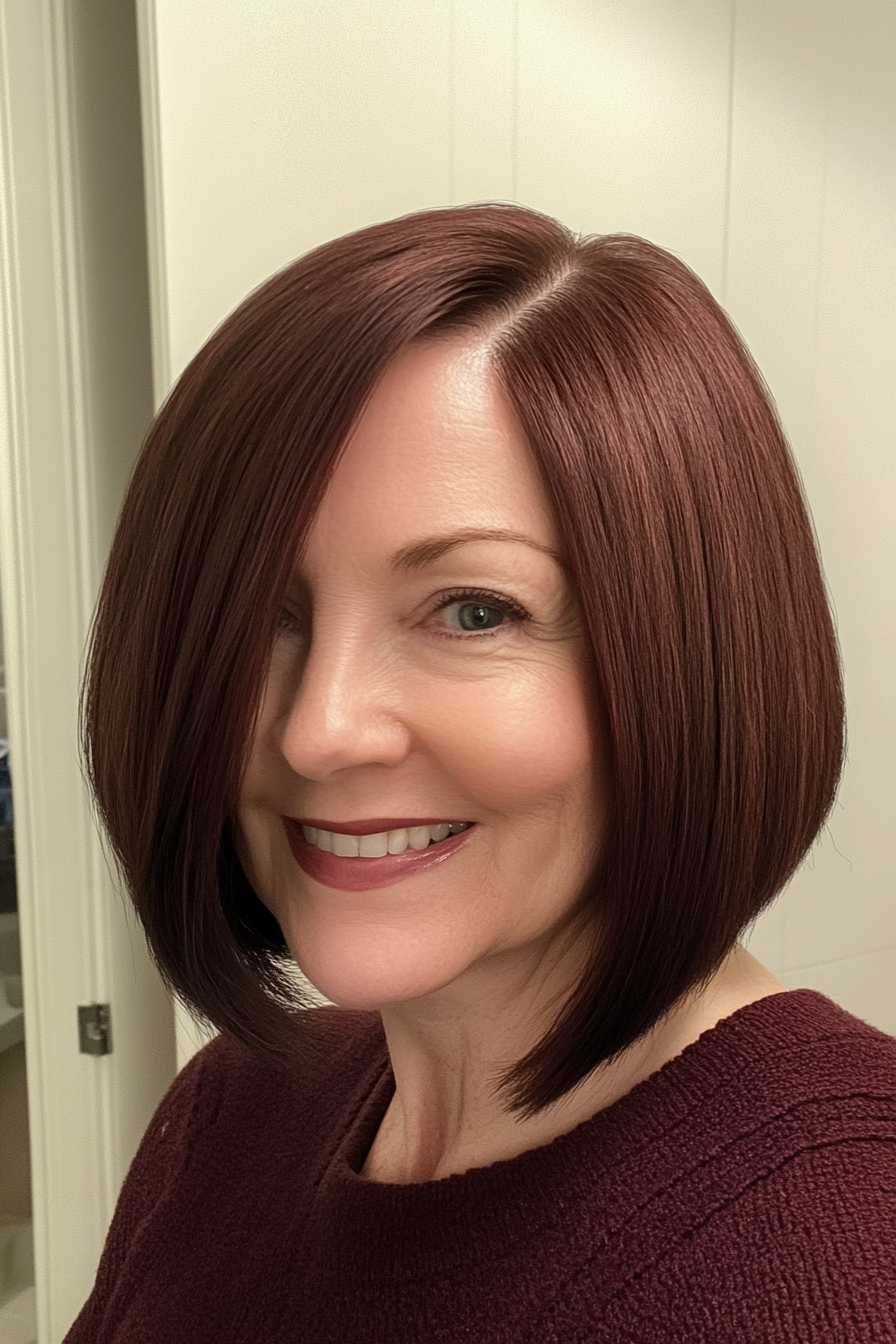 10. Chin-Length Blunt Bob with Dark Auburn (Round Face Haircuts For Women Over 50) - Round Face Haircuts For Women Over 50