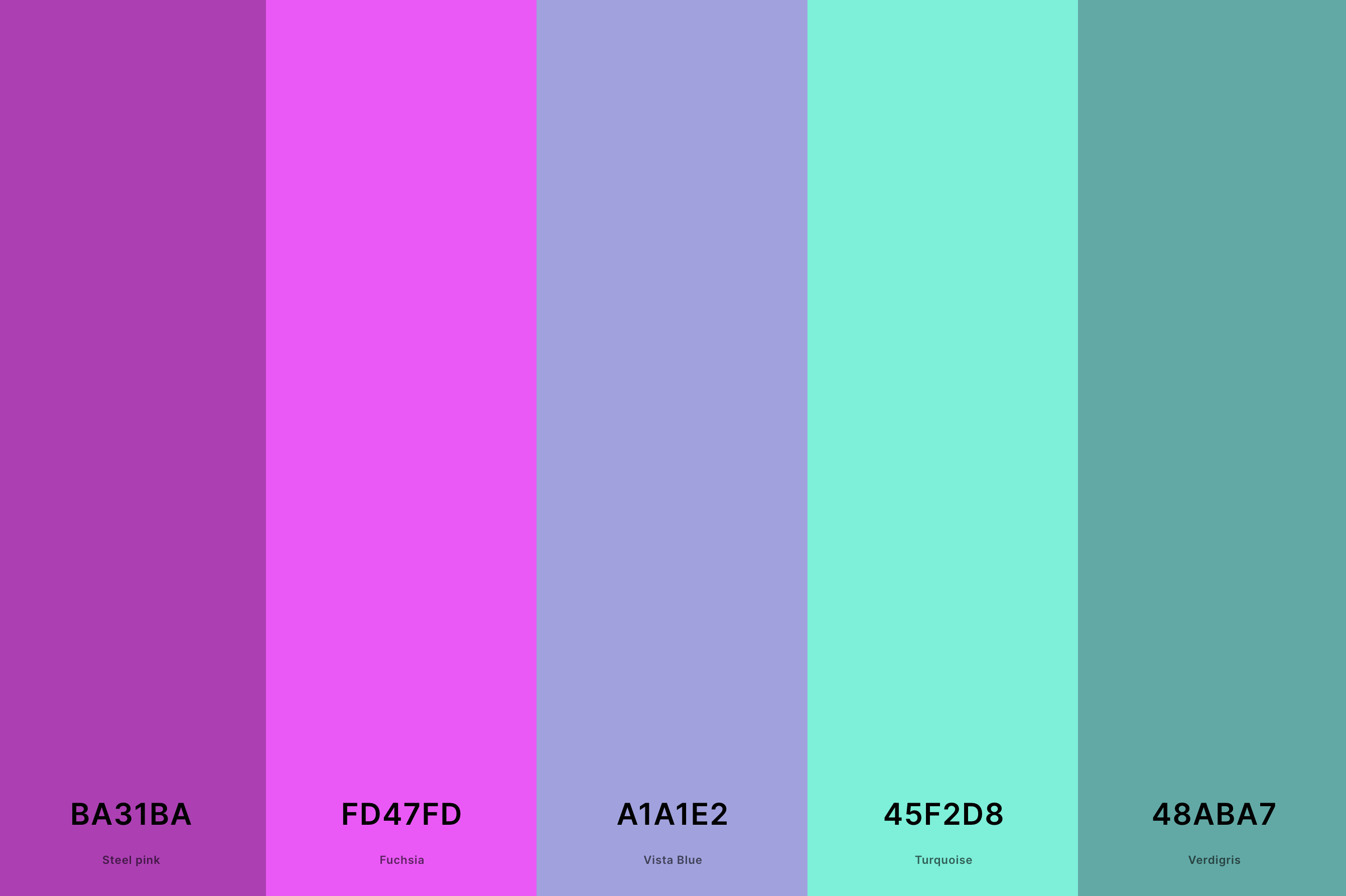 10. Fuchsia And Turquoise Color Palette Color Palette with Steel Pink (Hex #BA31BA) + Fuchsia (Hex #FD47FD) + Vista Blue (Hex #A1A1E2) + Turquoise (Hex #45F2D8) + Verdigris (Hex #48ABA7) Color Palette with Hex Codes